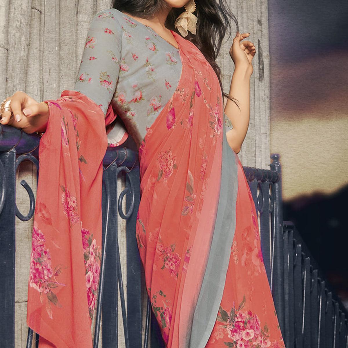 Peach Casual Wear Floral Printed Georgette Saree - Peachmode