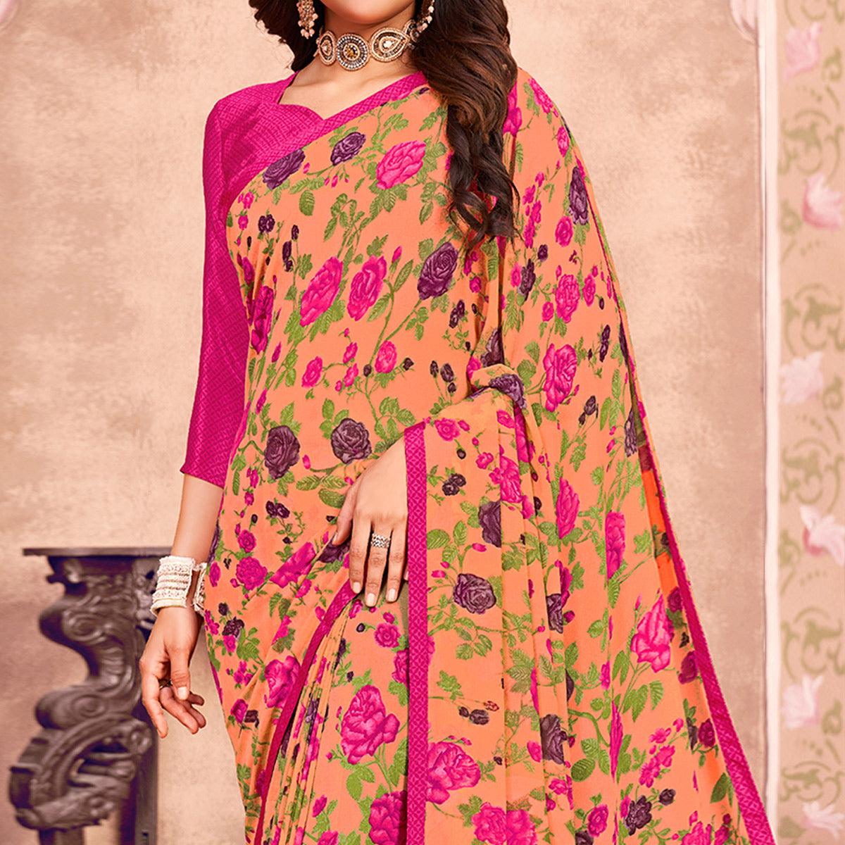 Peach Casual Wear Floral Printed Georgette Saree - Peachmode