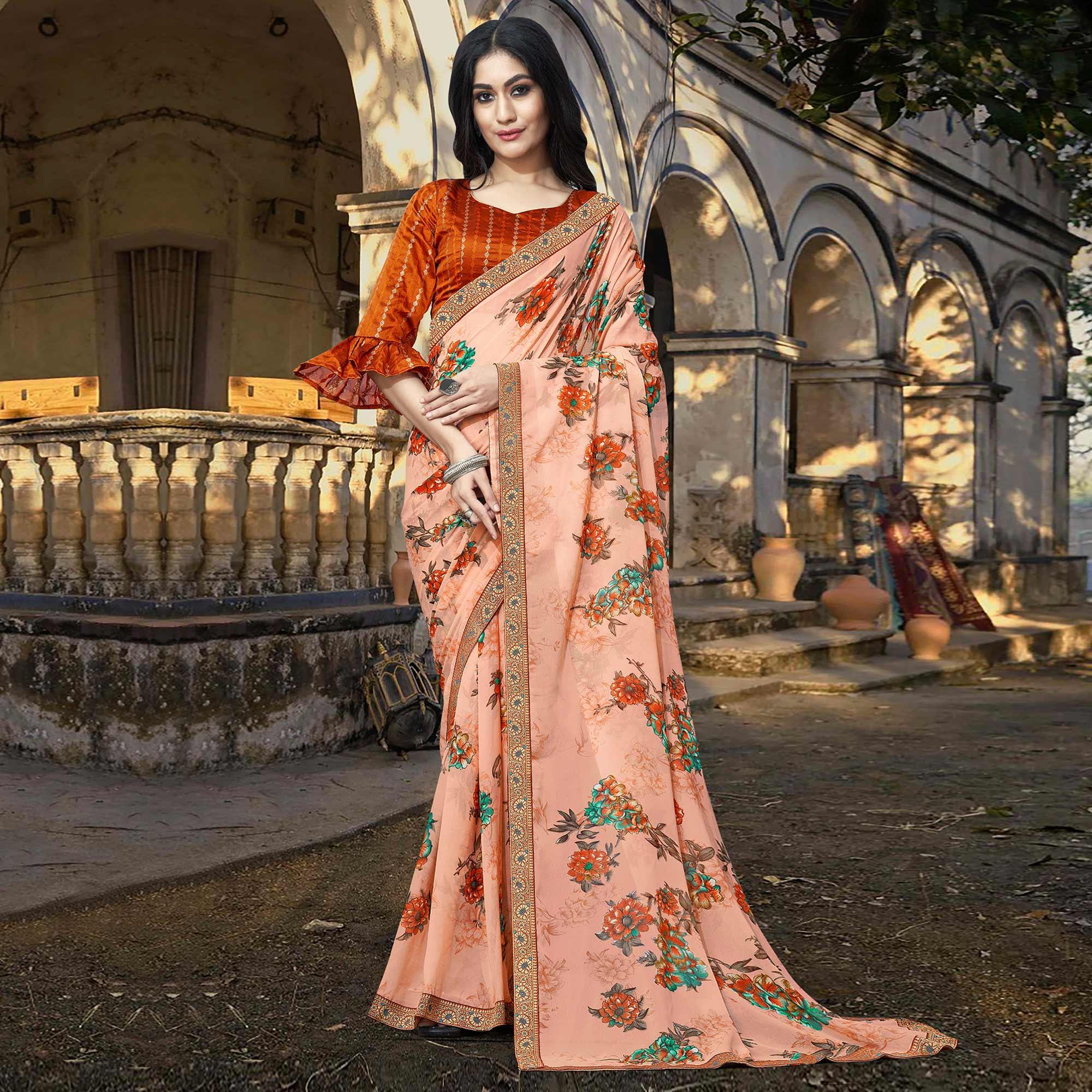 Peach Casual Wear Floral Printed Georgette Saree With Lace Border - Peachmode