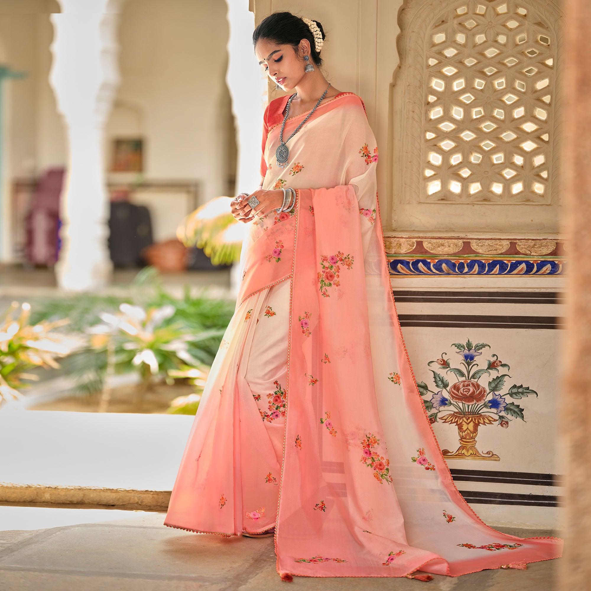 Peach Casual Wear Floral Printed Heavy Organza Silk Saree - Peachmode