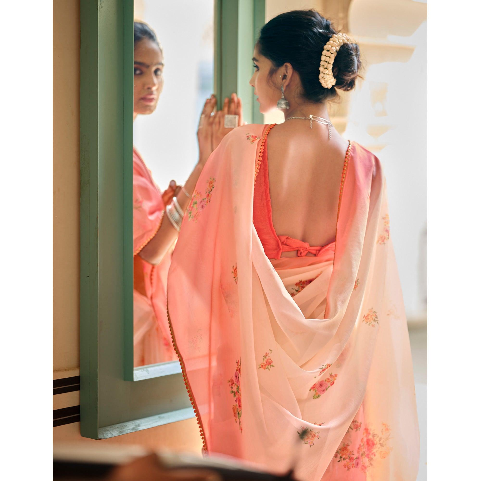 Peach Casual Wear Floral Printed Heavy Organza Silk Saree - Peachmode