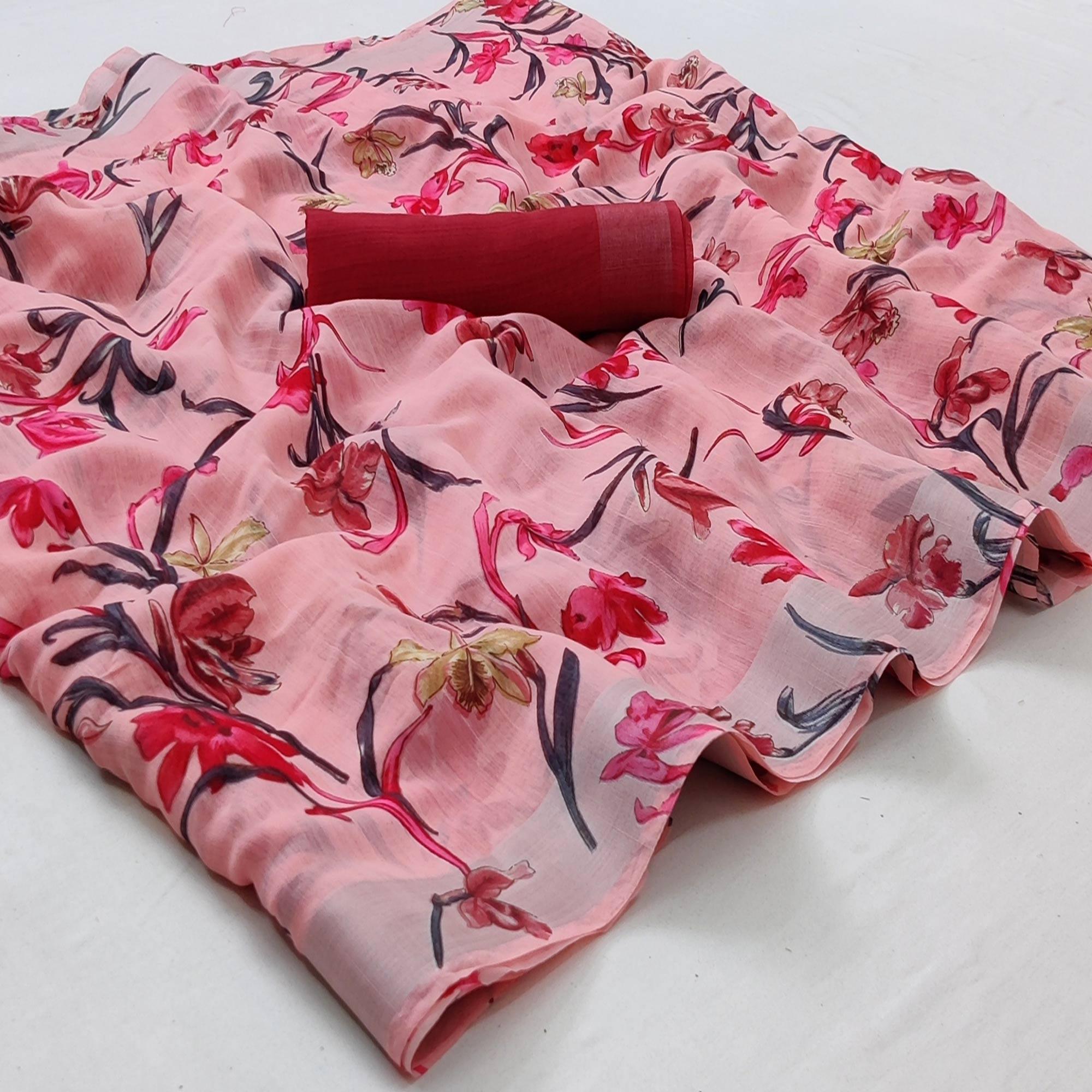 Peach Casual Wear Floral Printed Linen Saree With Silver Border - Peachmode