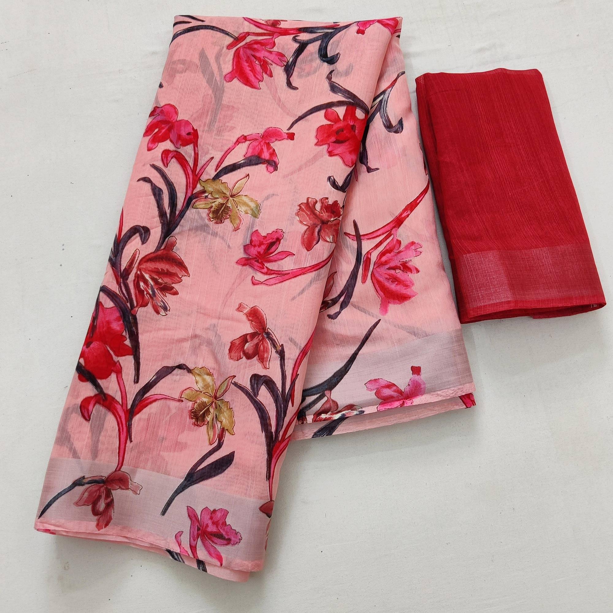 Peach Casual Wear Floral Printed Linen Saree With Silver Border - Peachmode