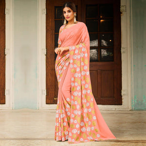 Peach Casual Wear Floral Printed Soft Georgette Saree - Peachmode