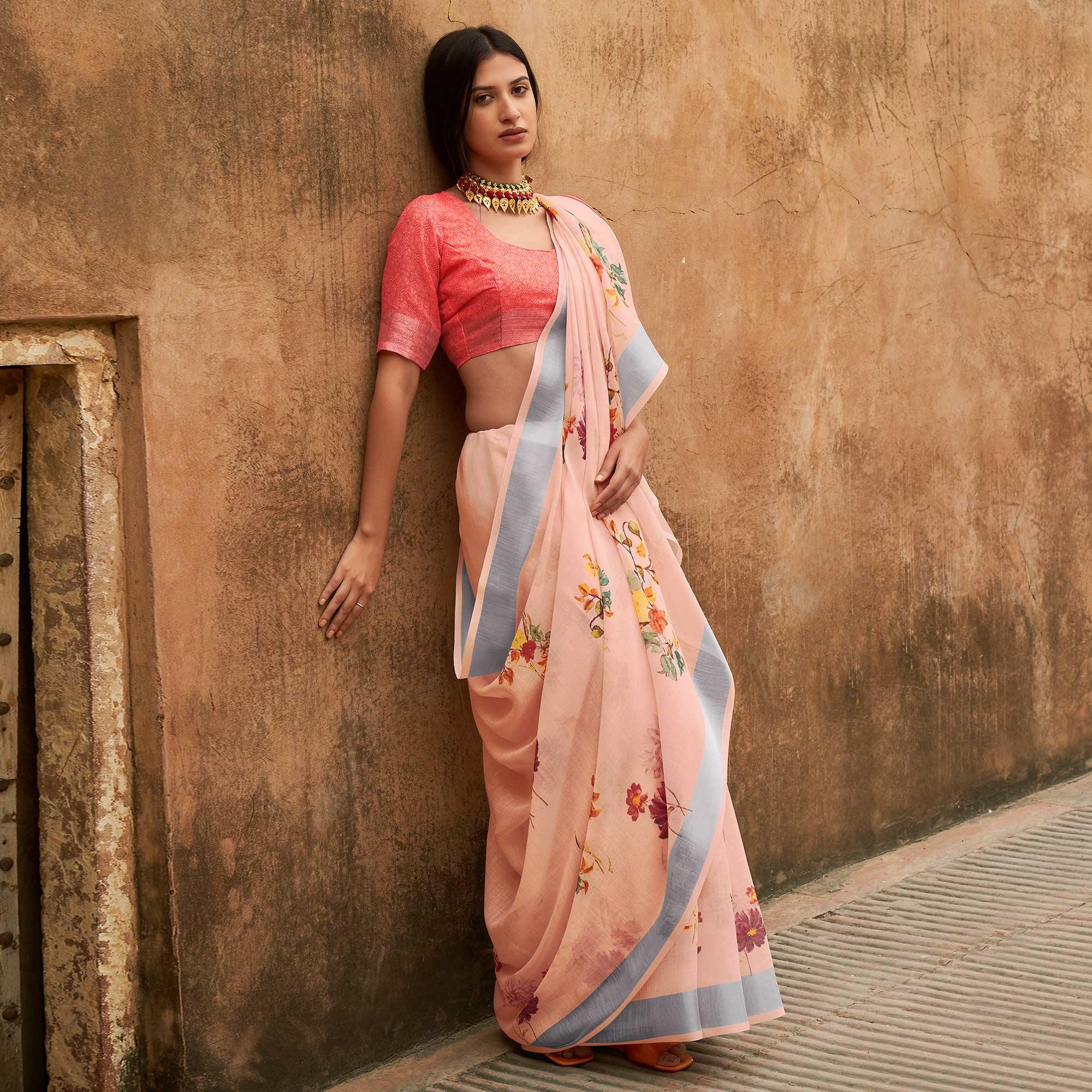 Peach Casual Wear Floral Printed Zari Border Soft Linen Cotton Saree - Peachmode