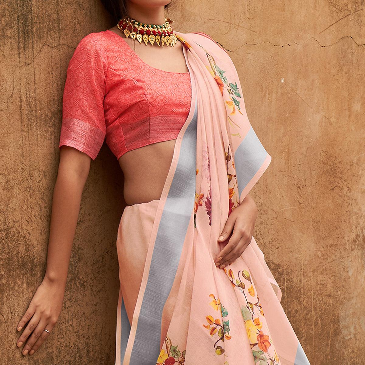 Peach Casual Wear Floral Printed Zari Border Soft Linen Cotton Saree - Peachmode