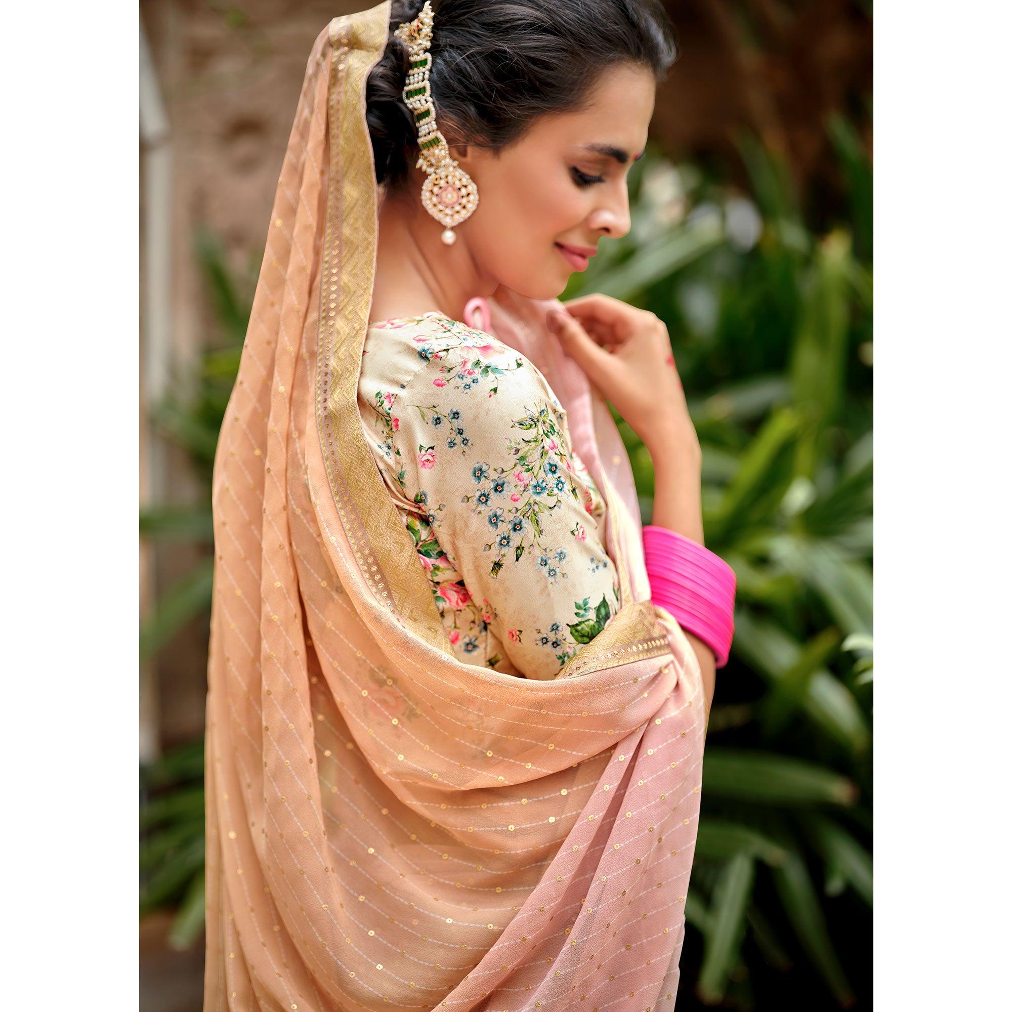 Peach Casual Wear Foil Printed Georgette Saree - Peachmode