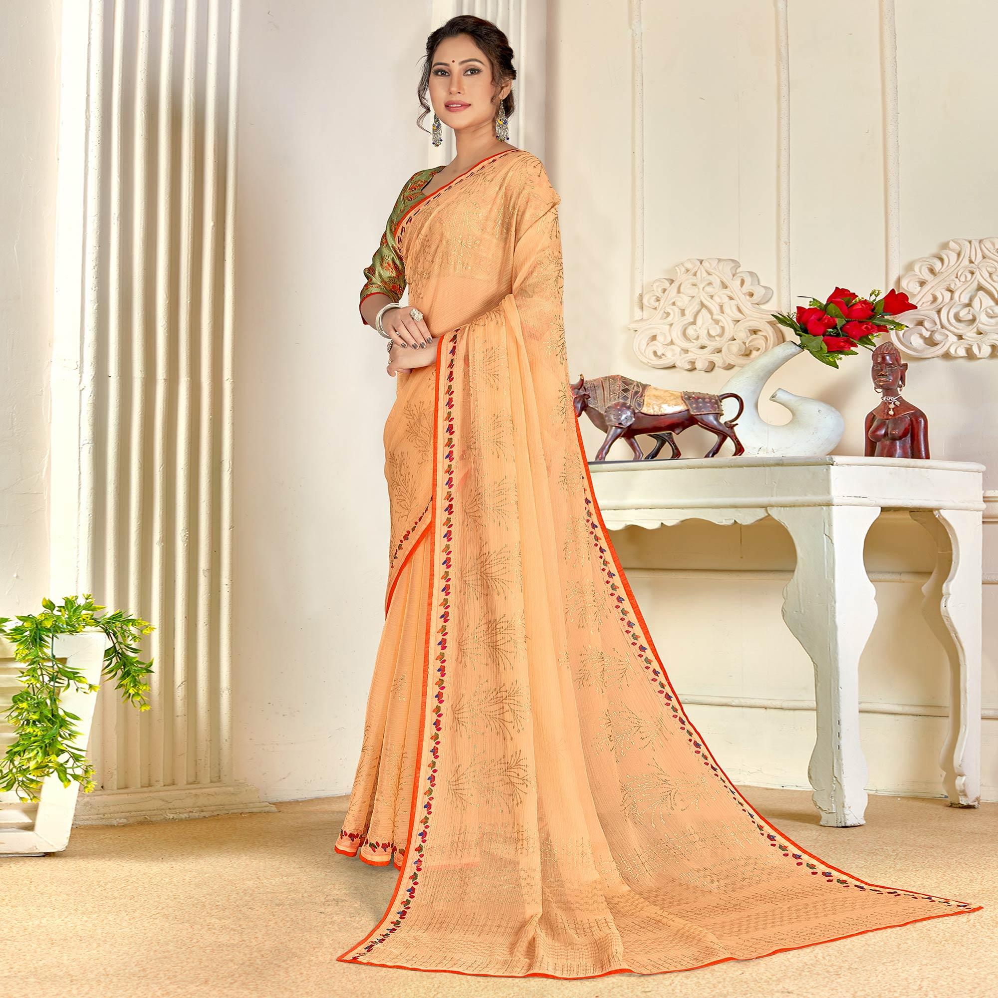 Peach Casual Wear Foil Printed Pure Chiffon Saree - Peachmode