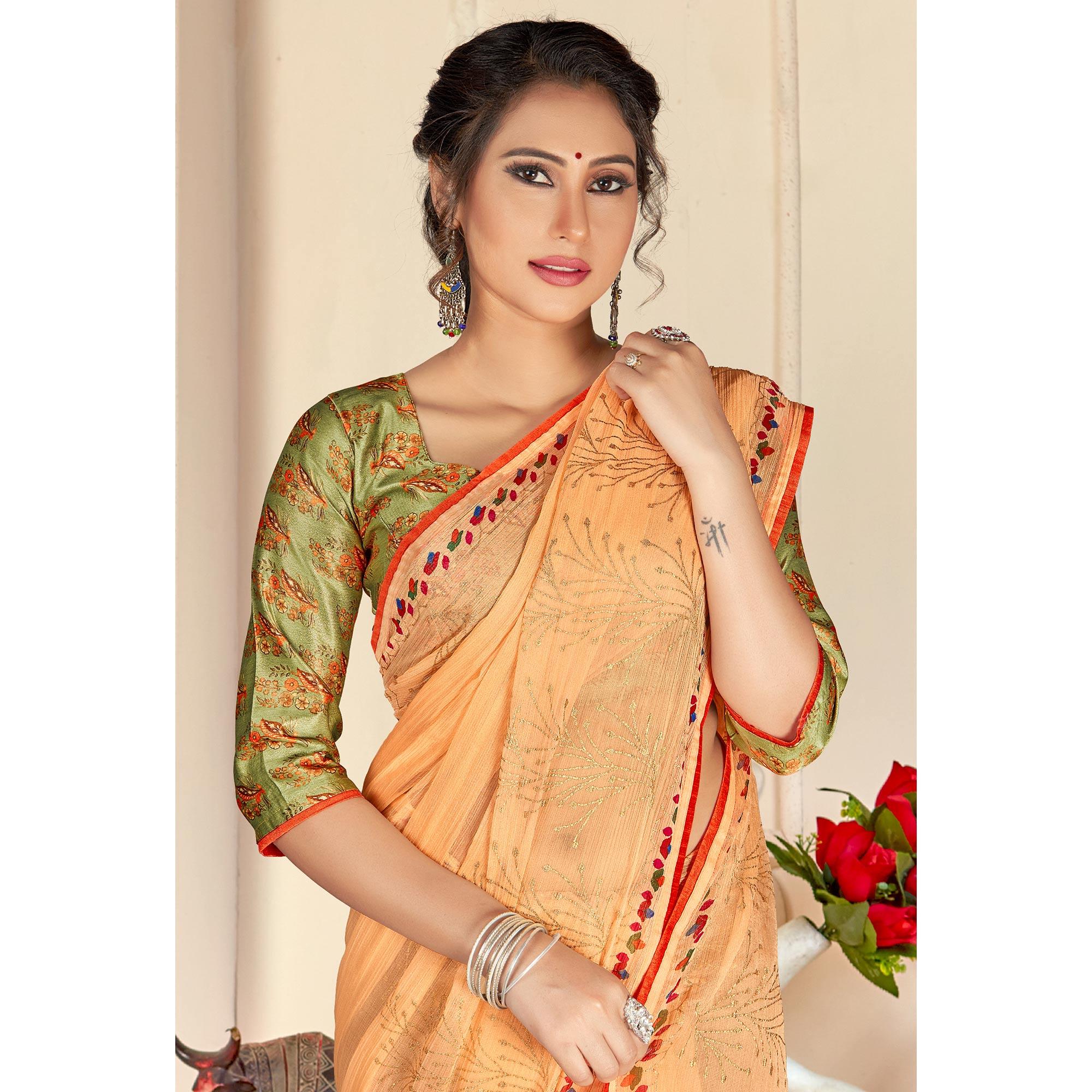 Peach Casual Wear Foil Printed Pure Chiffon Saree - Peachmode