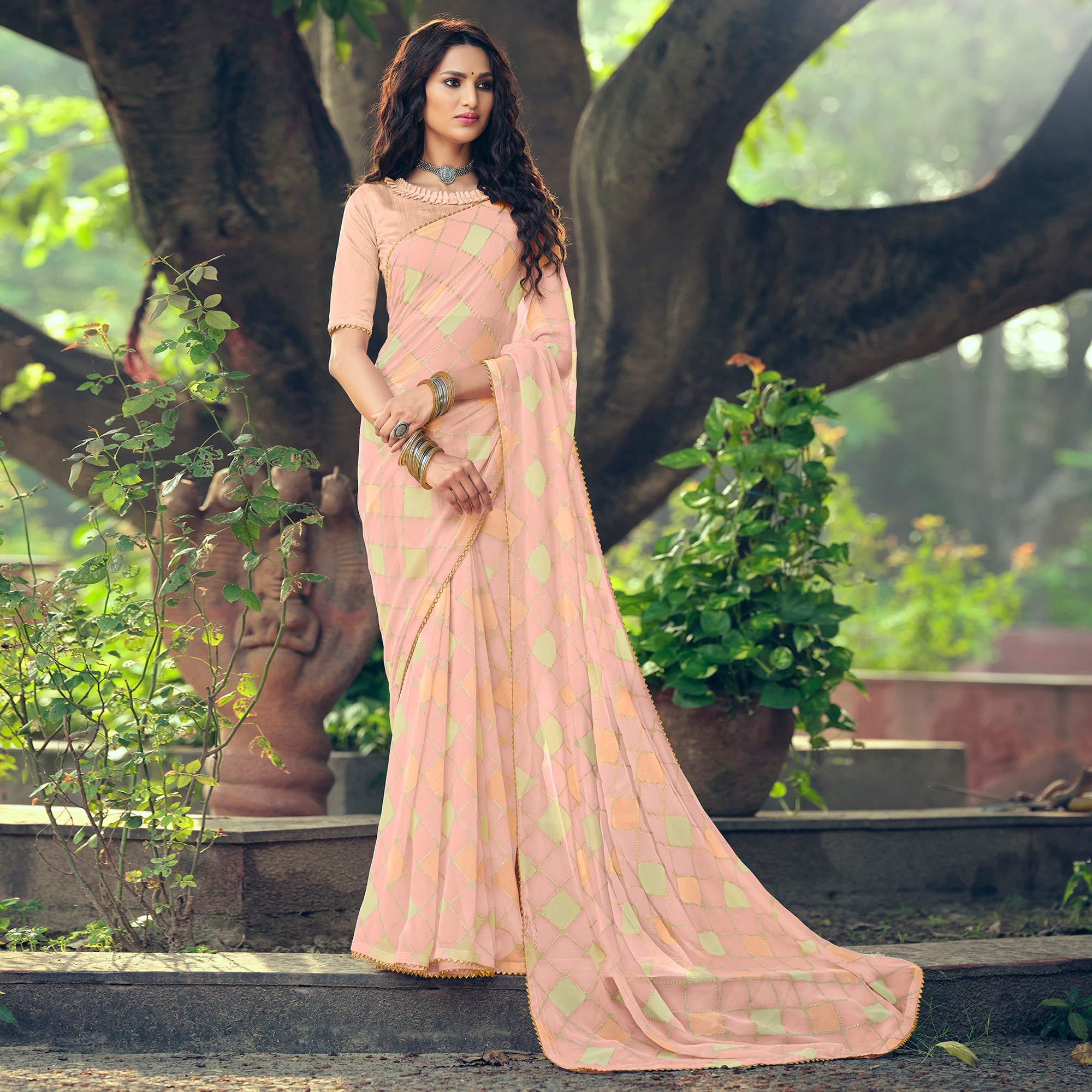 Peach Casual Wear Geometric Printed Georgette Saree Facny Lace - Peachmode