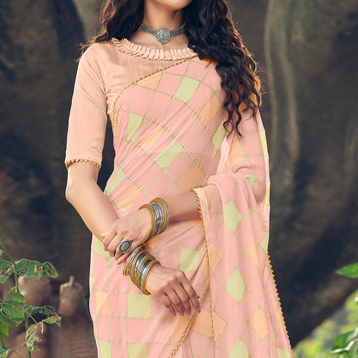 Peach Casual Wear Geometric Printed Georgette Saree Facny Lace - Peachmode