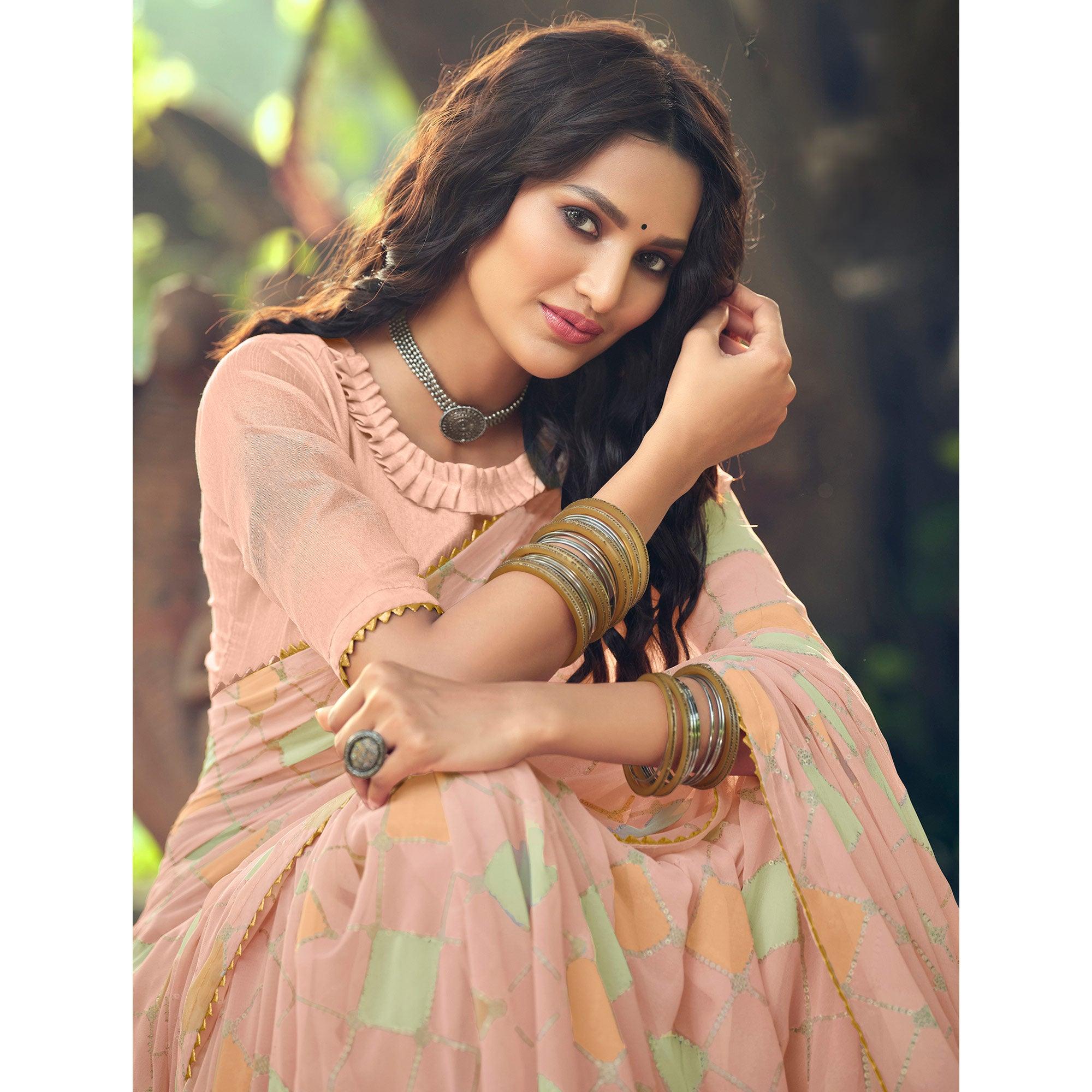 Peach Casual Wear Geometric Printed Georgette Saree Facny Lace - Peachmode
