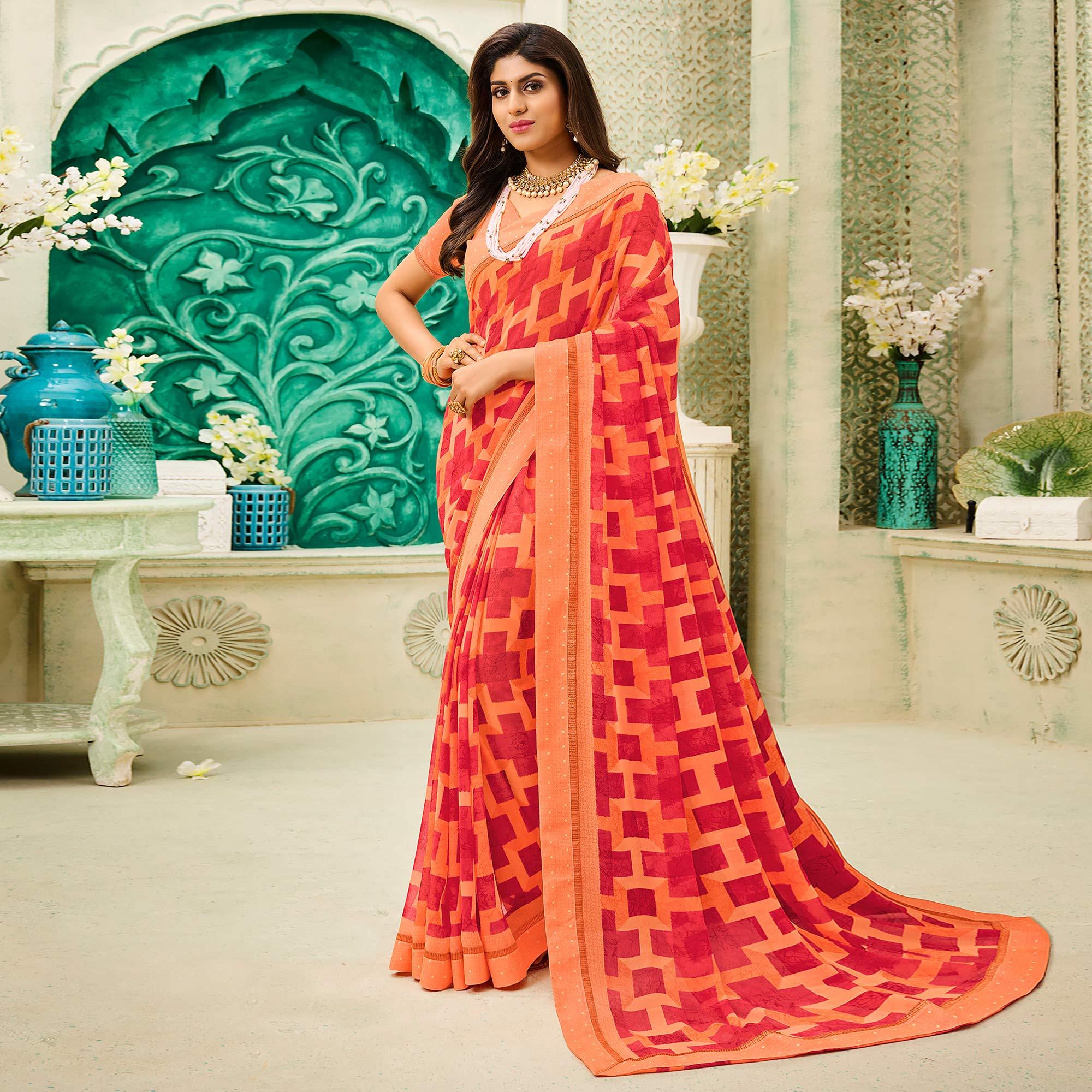 Peach Casual Wear Geometric Printed Georgette Saree - Peachmode