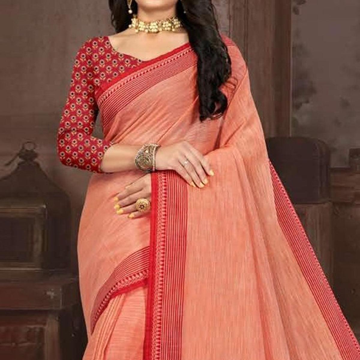 Peach Casual Wear Jari Border And Pallu Linen Saree - Peachmode