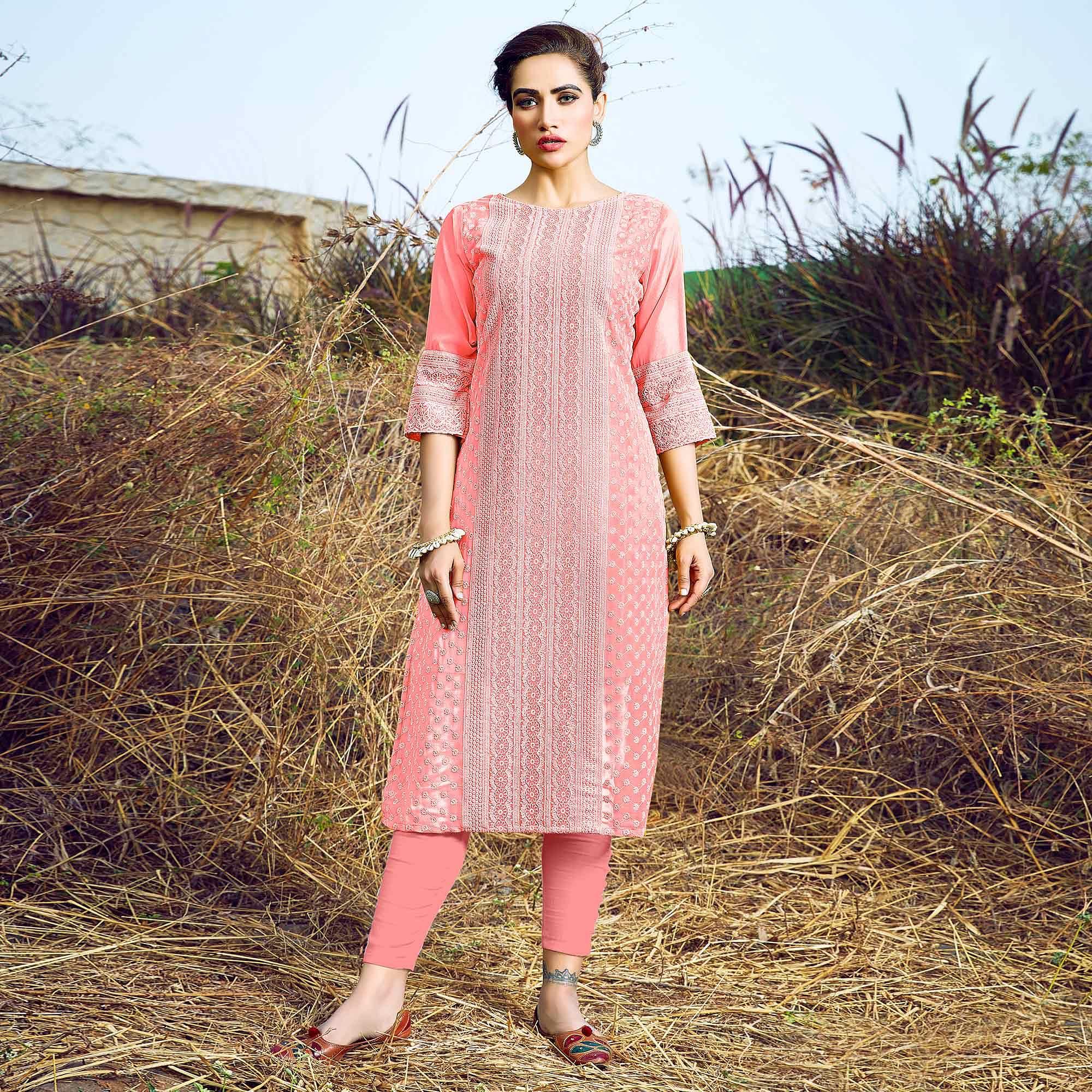 Peach Casual Wear Lucknowi Embroidered Georgette Kurti - Peachmode
