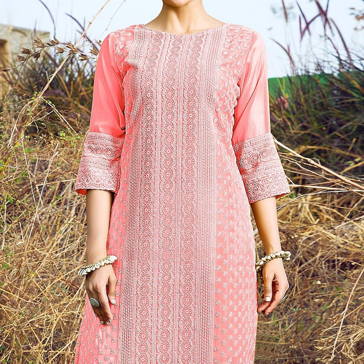Peach Casual Wear Lucknowi Embroidered Georgette Kurti - Peachmode