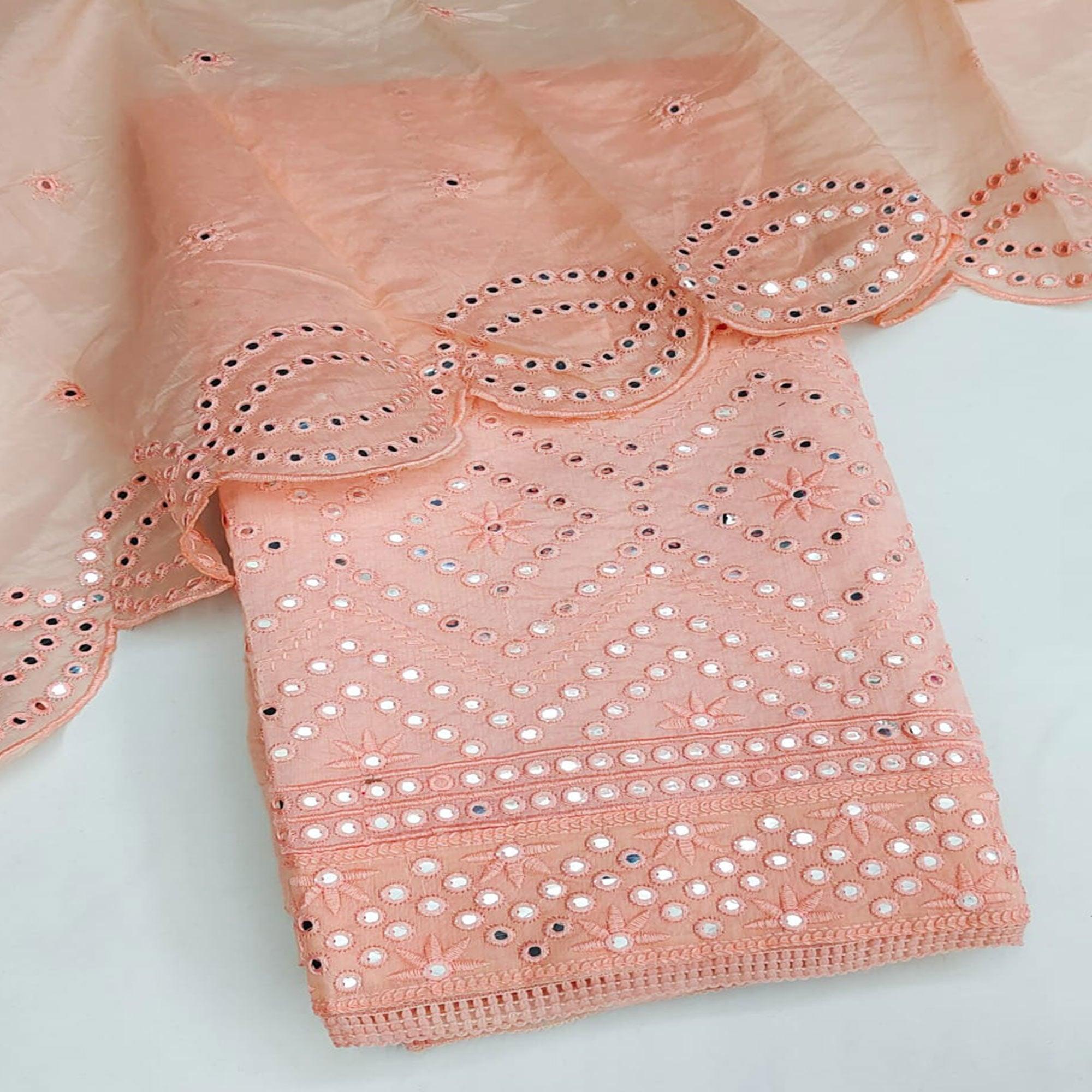 Peach Casual Wear Mirror Work Chanderi Dress Material - Peachmode