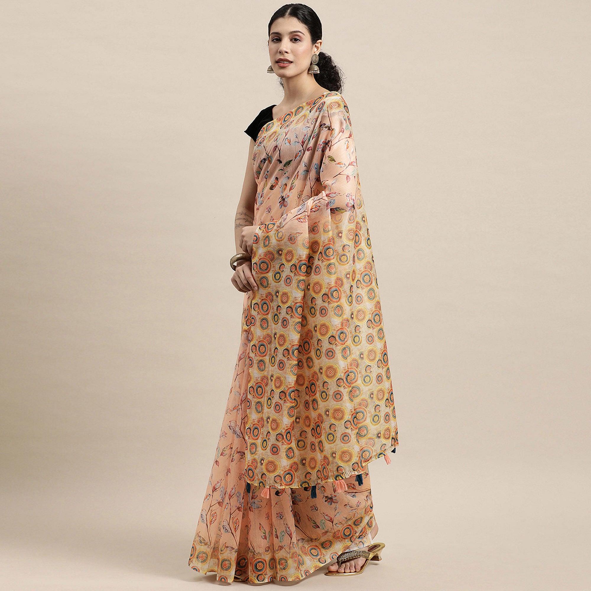 Peach Casual Wear Printed Cotton Blend Saree With Tassels - Peachmode
