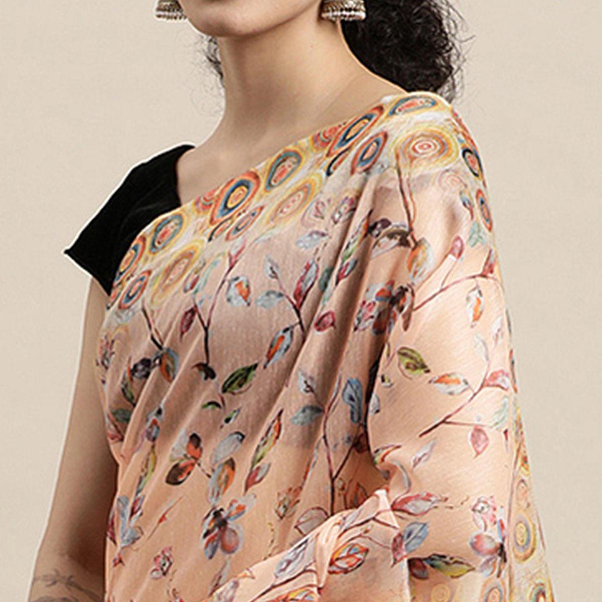 Peach Casual Wear Printed Cotton Blend Saree With Tassels - Peachmode
