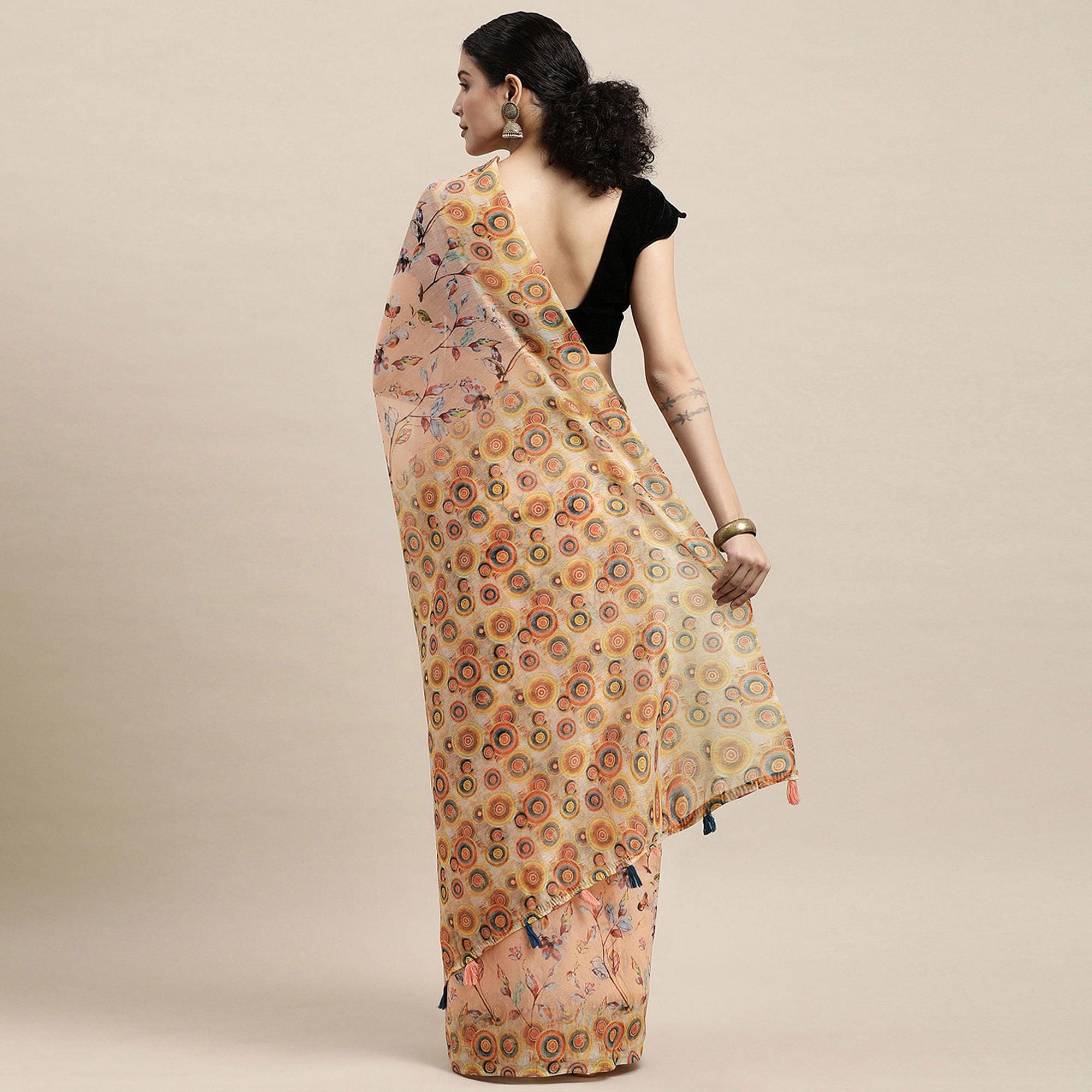 Peach Casual Wear Printed Cotton Blend Saree With Tassels - Peachmode
