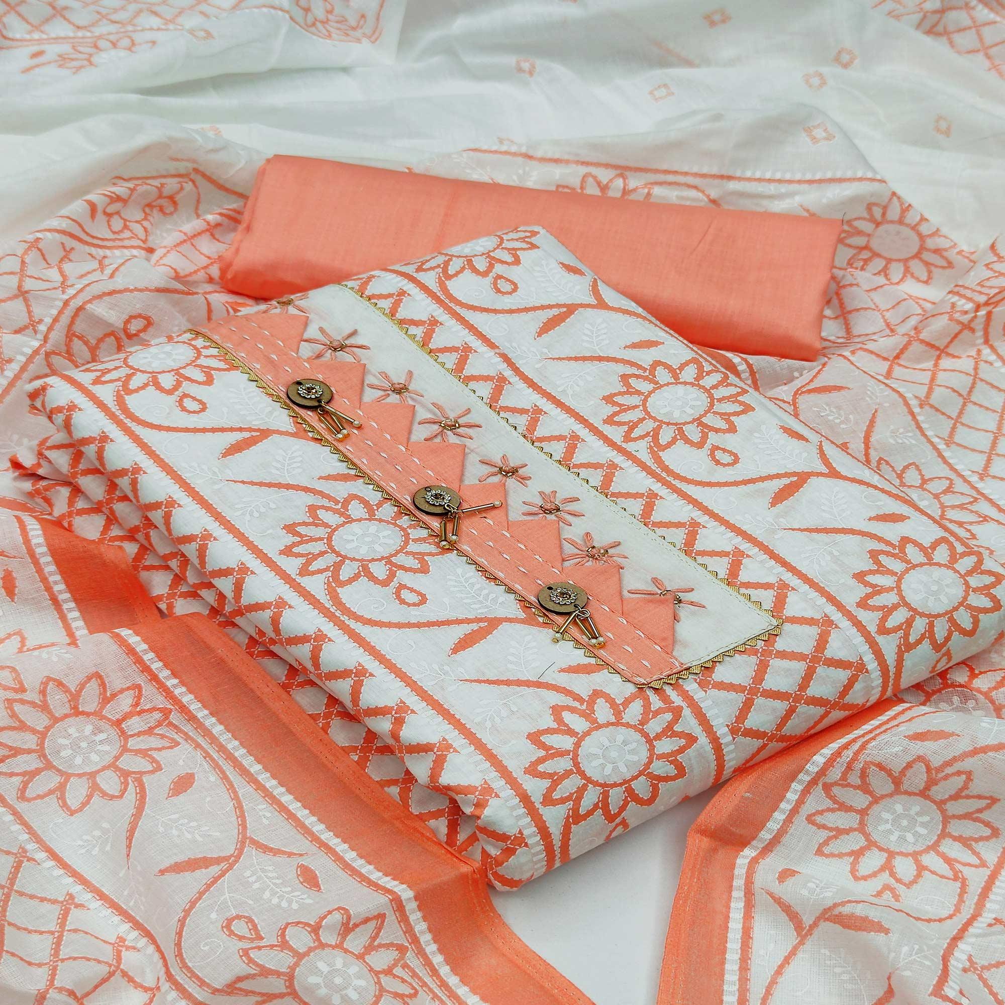 Peach Casual Wear Printed Cotton Dress Material - Peachmode