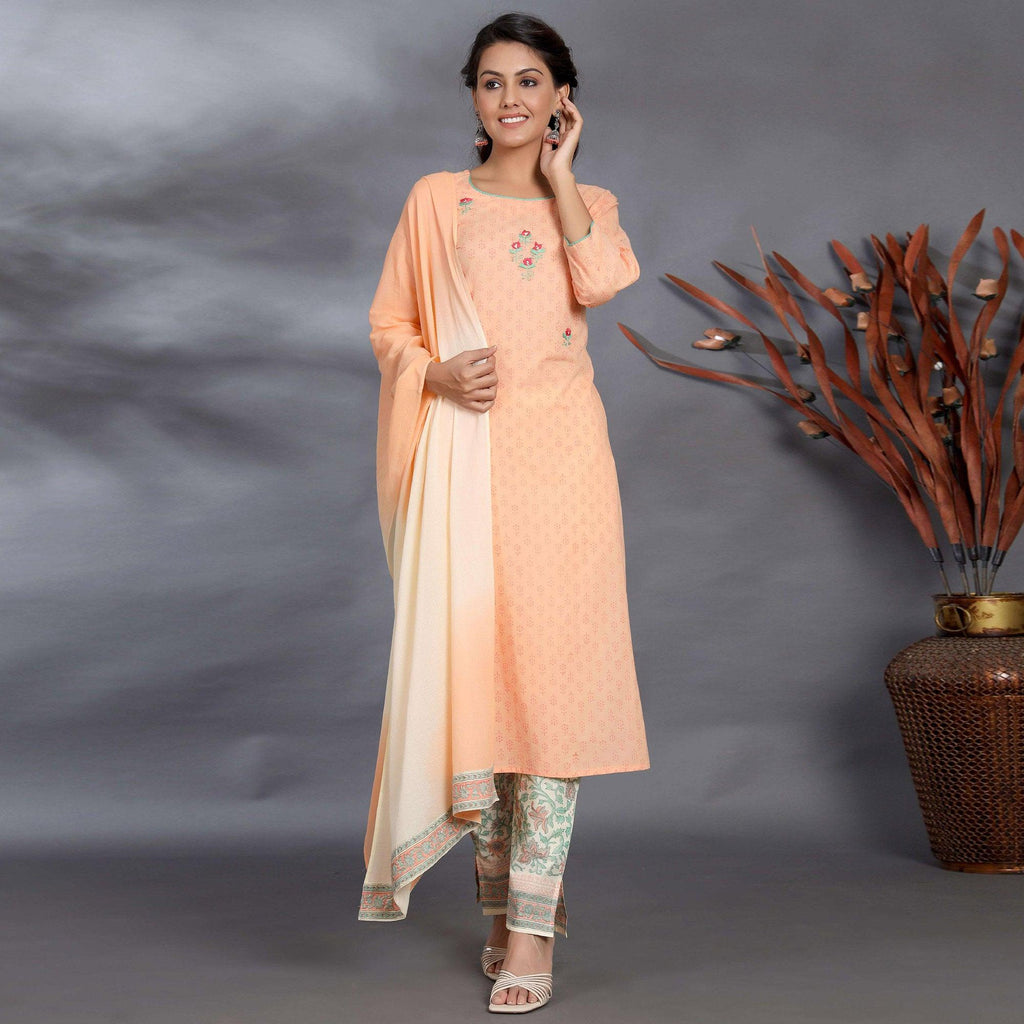 Pant Set Leggings Kurti Dupatta Peach Casual Wear Printed Cotton