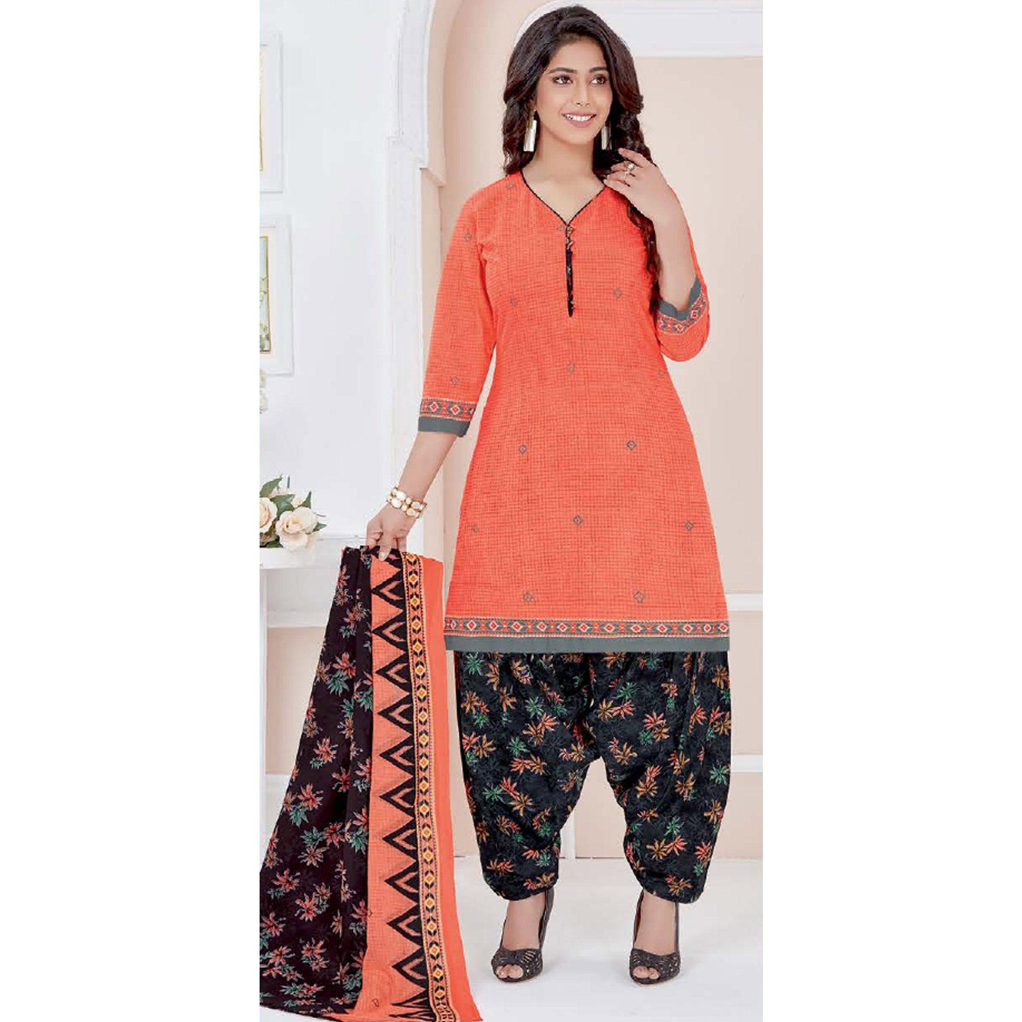 Peach Casual Wear Printed Cotton Patiala Dress Material - Peachmode