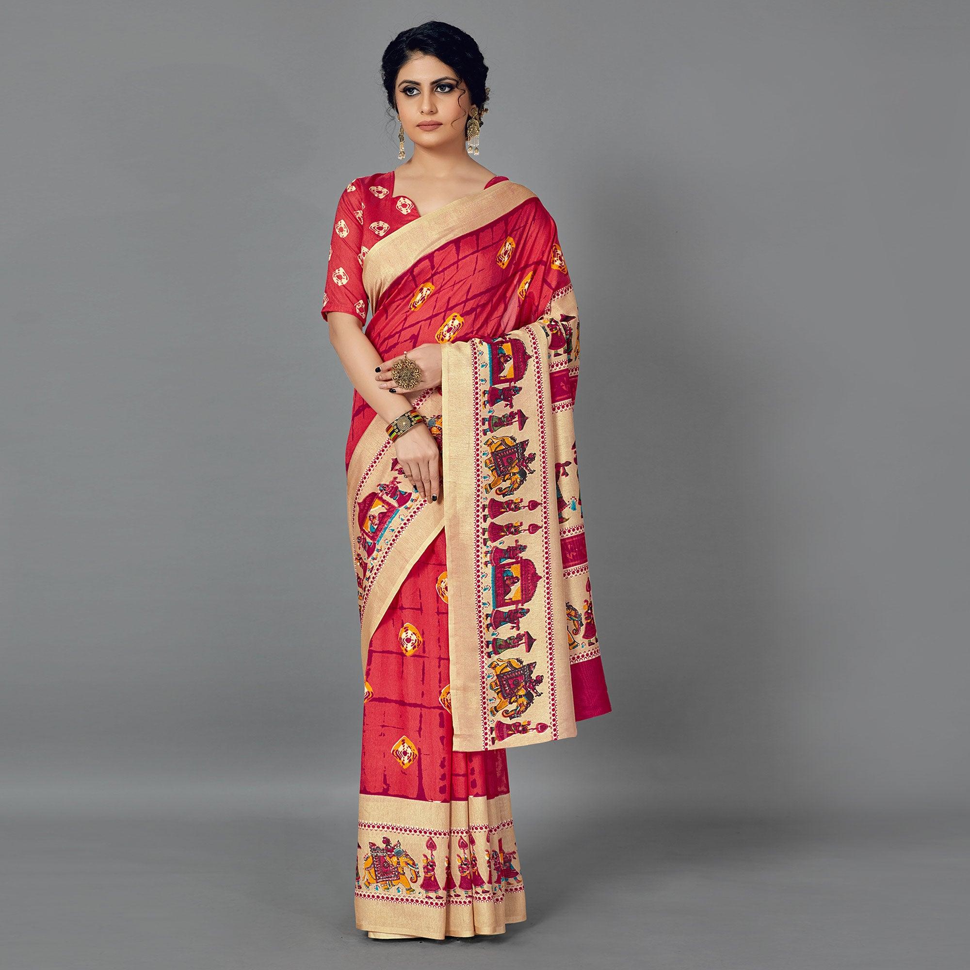 Peach Casual Wear Printed Dhapa Silk Saree - Peachmode