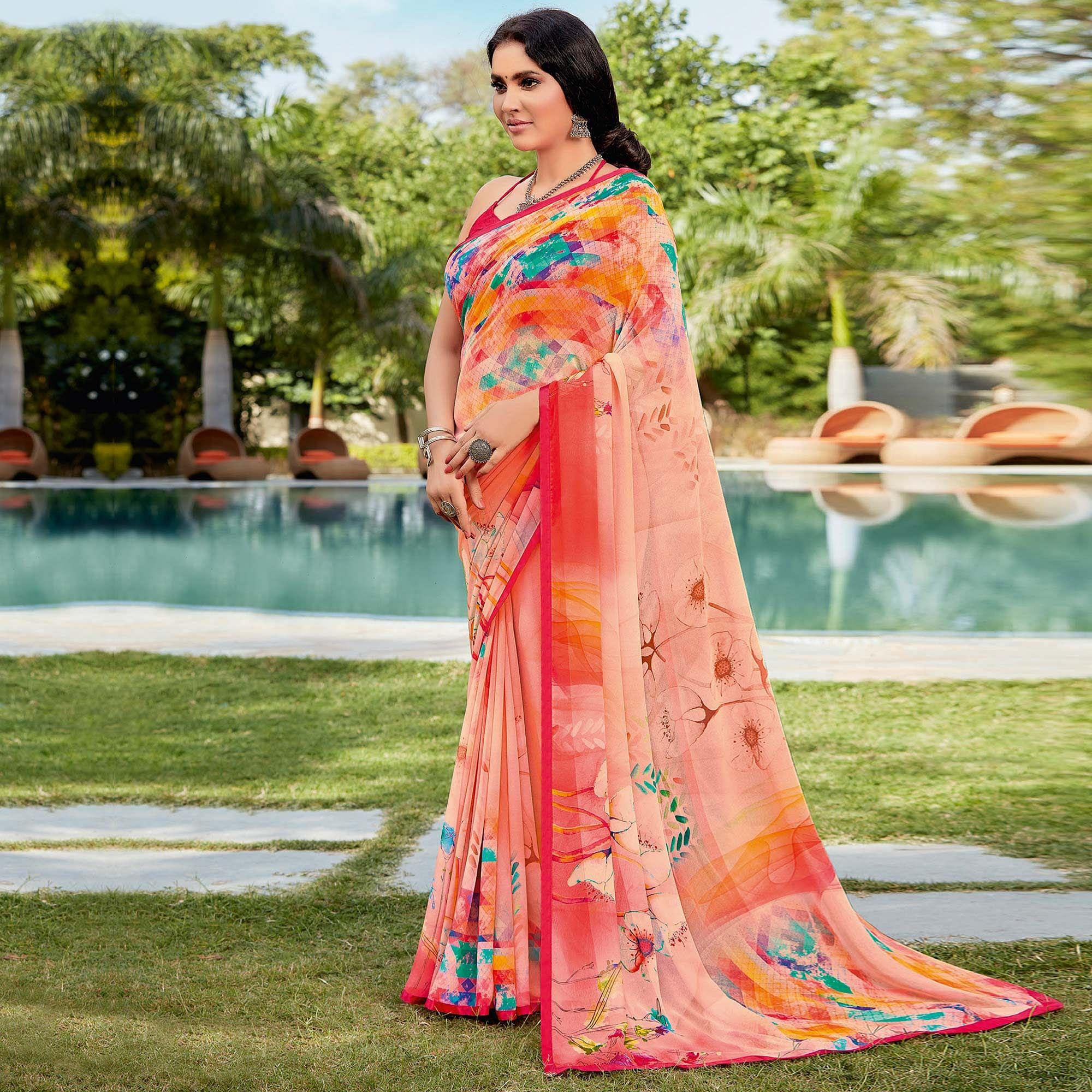 Peach Casual Wear Printed Georgette Saree - Peachmode