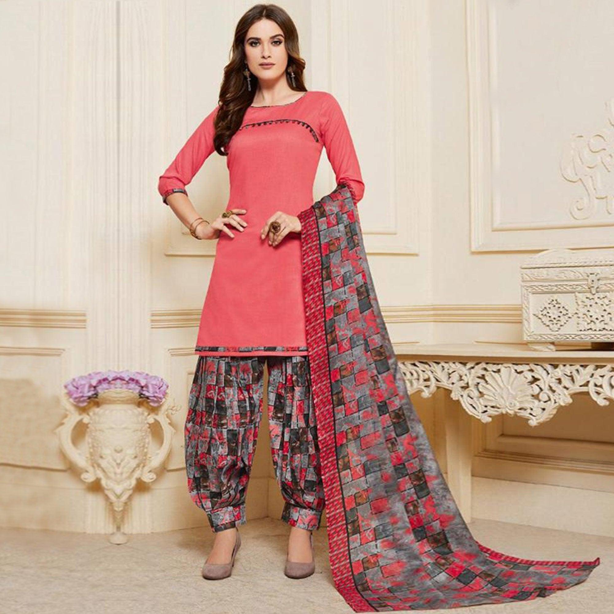 Peach Casual Wear Printed Leon Patiala Dress Material - Peachmode