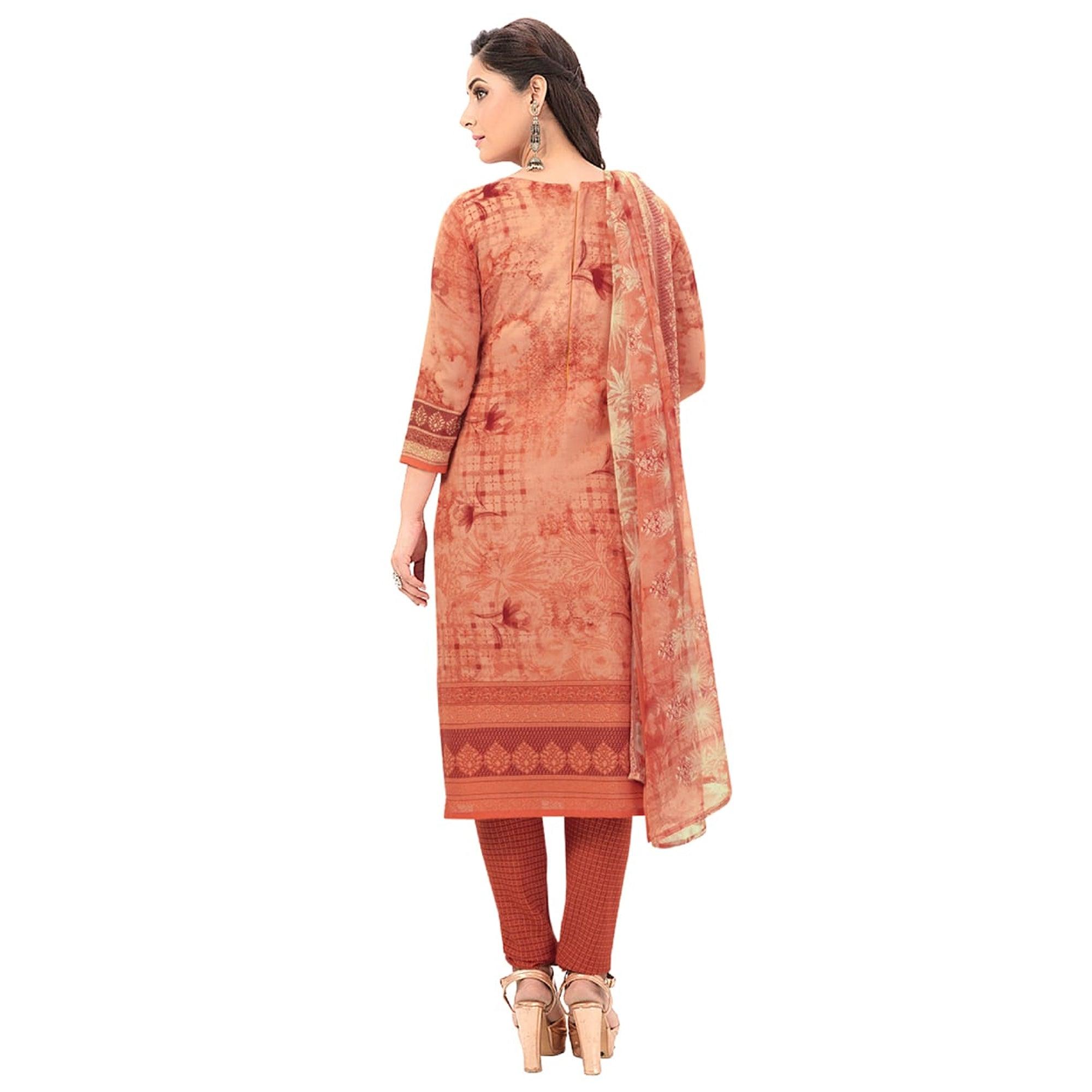 Peach Casual Wear Printed Poly Crepe Dress Material - Peachmode
