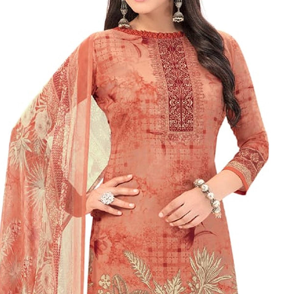 Peach Casual Wear Printed Poly Crepe Dress Material - Peachmode