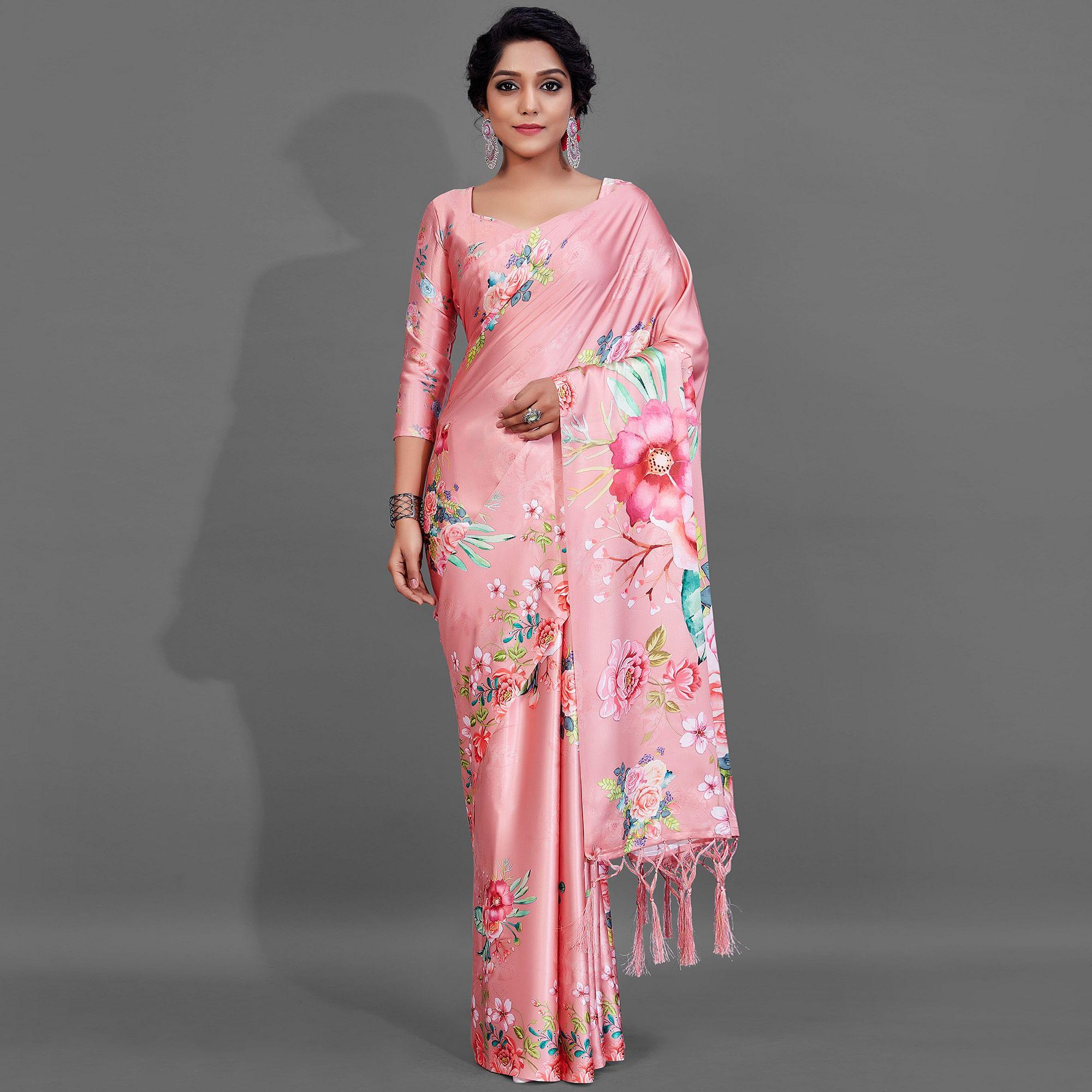 Peach Casual Wear Printed Satin Silk Saree - Peachmode