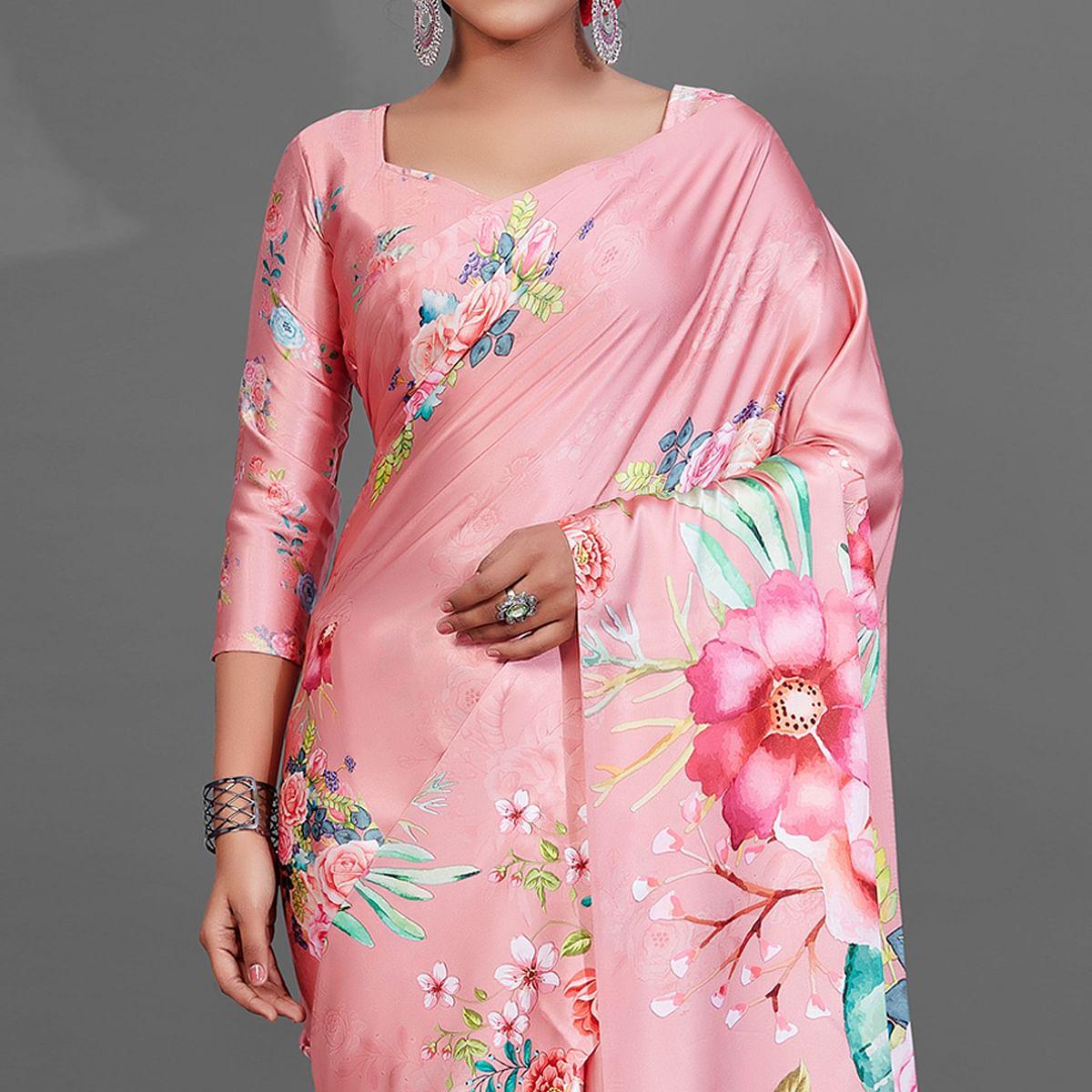Peach Casual Wear Printed Satin Silk Saree - Peachmode