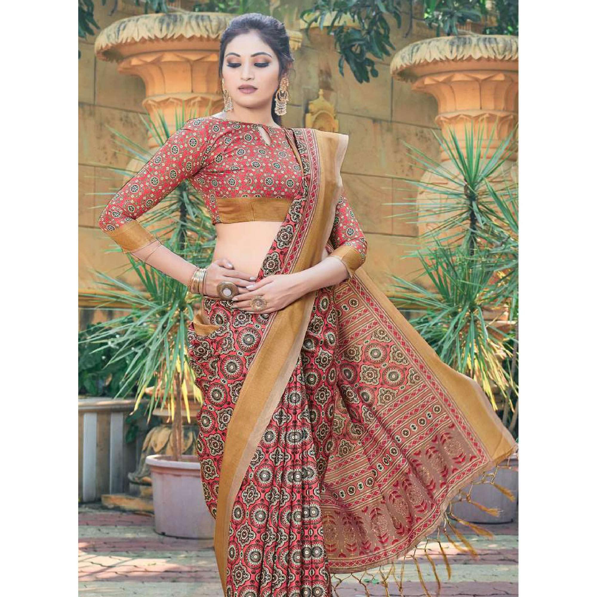Peach Casual Wear Printed Silk Saree - Peachmode