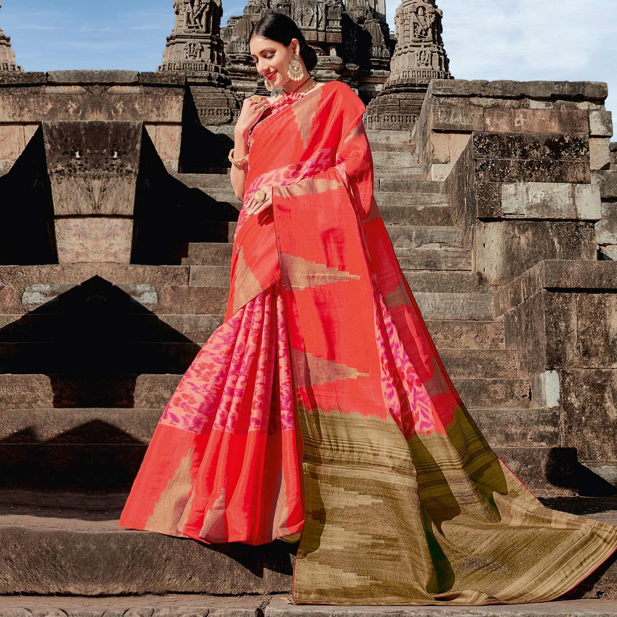 Peach Casual Wear Printed Tussar Silk Saree - Peachmode
