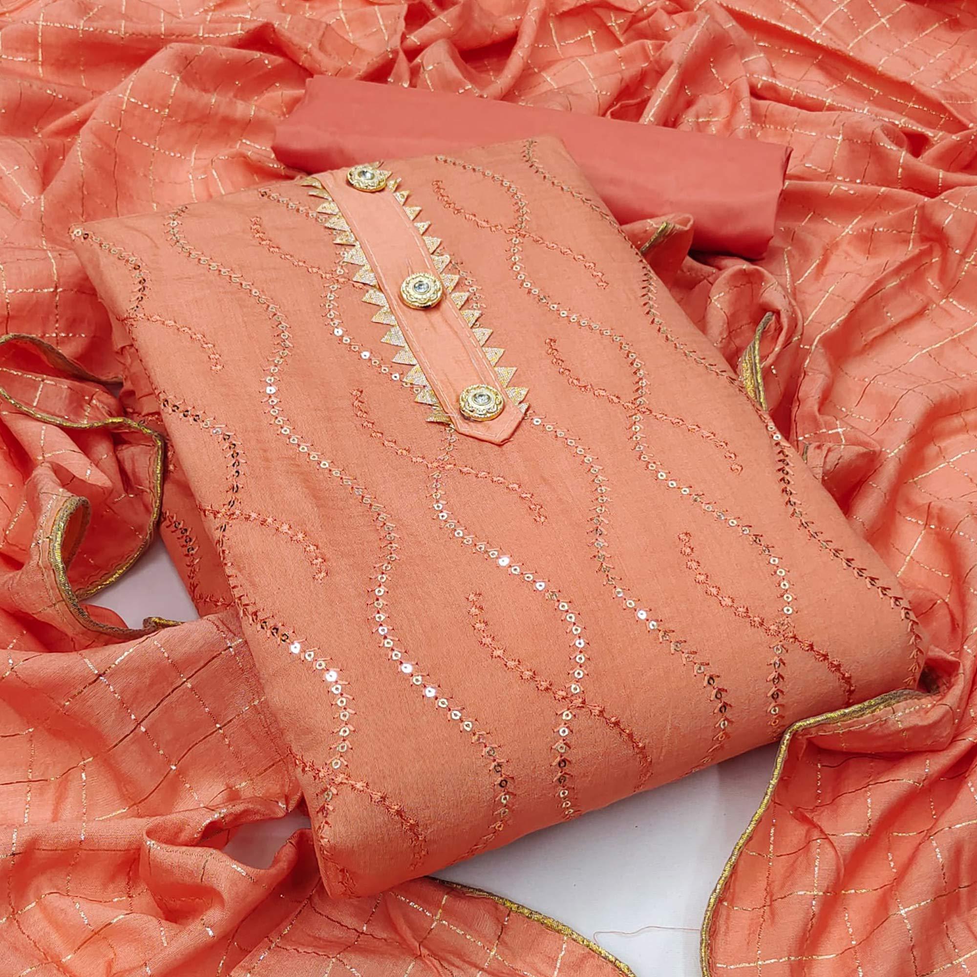 Peach Casual Wear Sequence Embroidered Dola Silk Dress Material - Peachmode