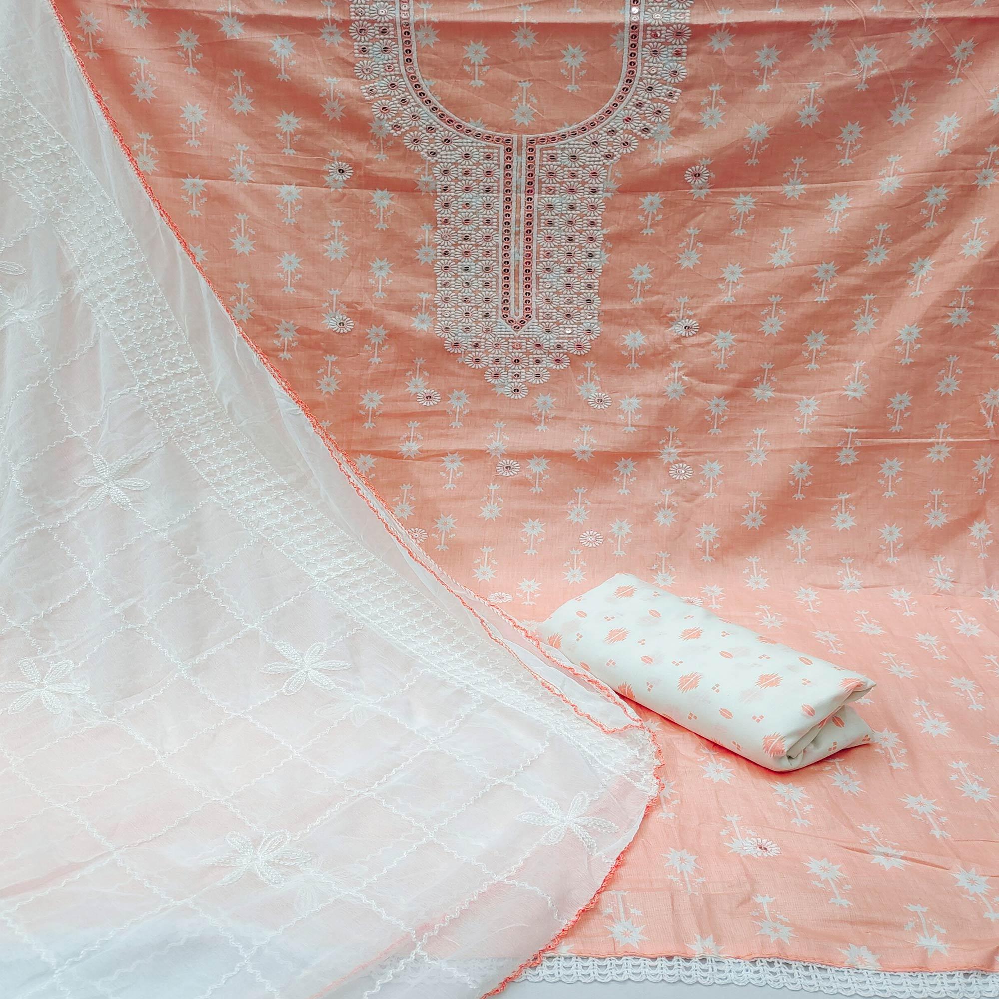 Peach Casual Wear Sequence Embroidery with Printed Cotton Dress Material - Peachmode