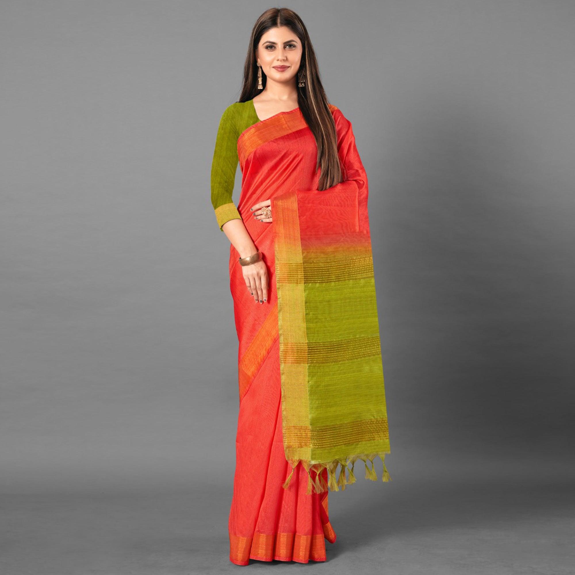 Peach Casual Wear Solid Cotton silk Saree - Peachmode