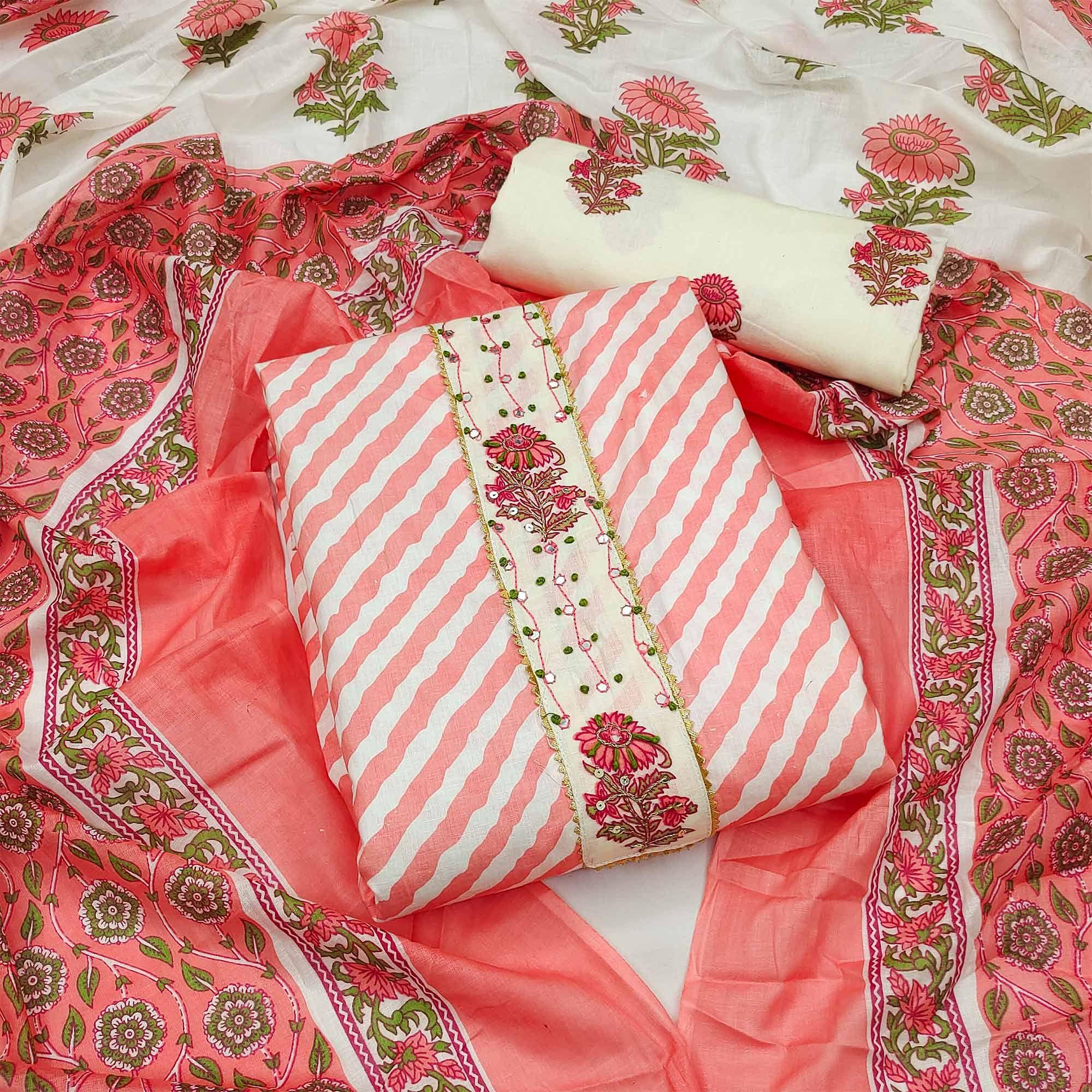 Peach Casual Wear Stripe Printed With Embellished Cotton Dress Material - Peachmode