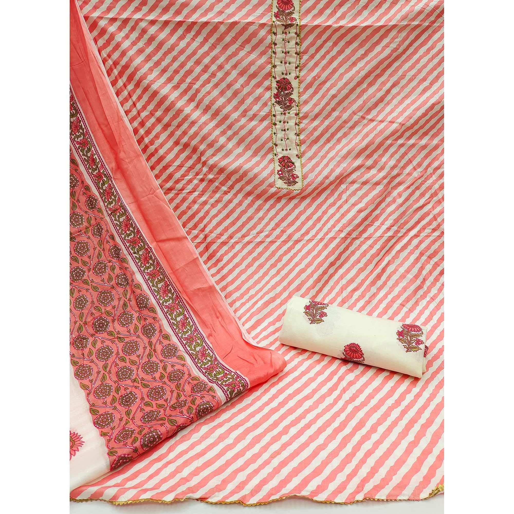 Peach Casual Wear Stripe Printed With Embellished Cotton Dress Material - Peachmode