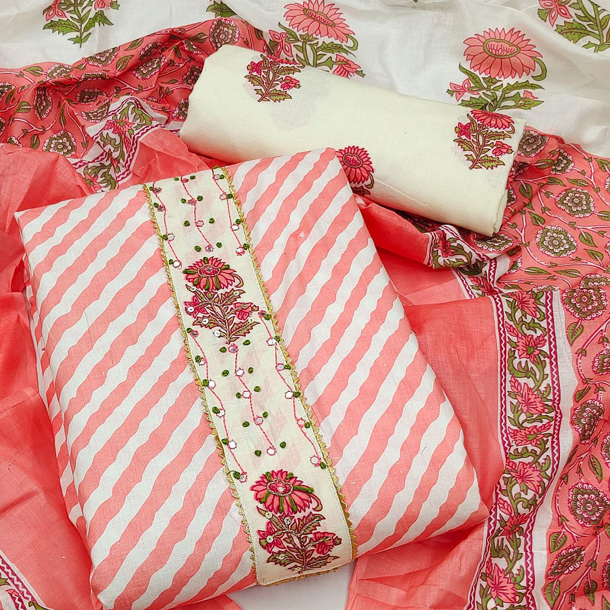 Peach Casual Wear Stripe Printed With Embellished Cotton Dress Material - Peachmode