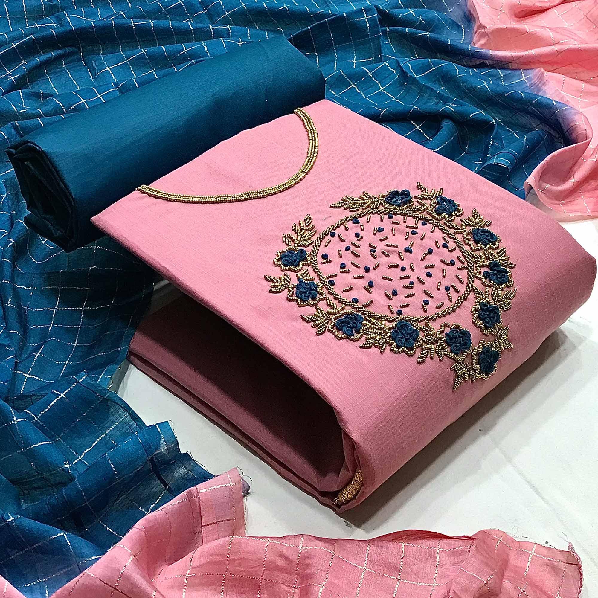 Peach Casual Wear Thread Beads Khatli Work Cotton Dress Material - Peachmode