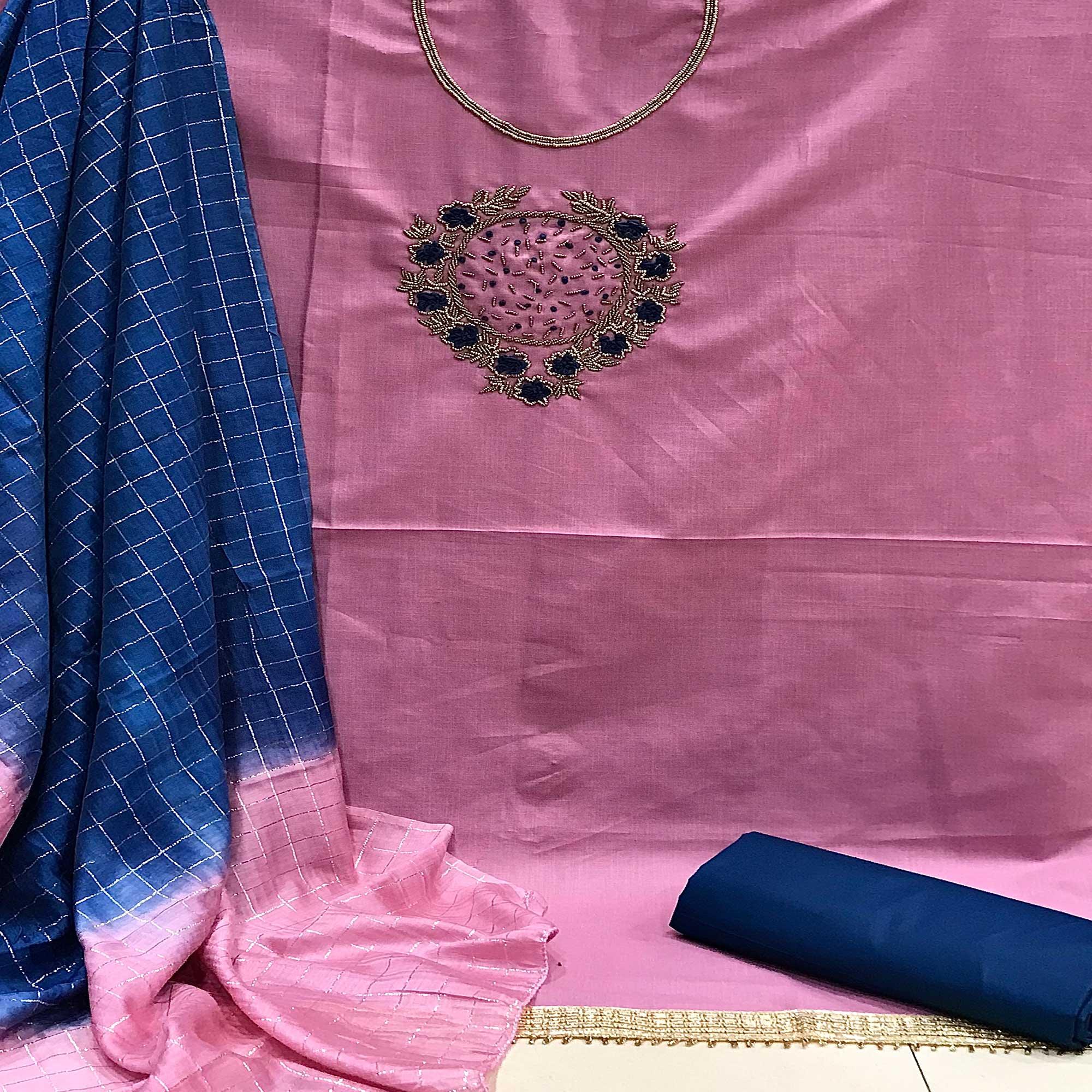 Peach Casual Wear Thread Beads Khatli Work Cotton Dress Material - Peachmode