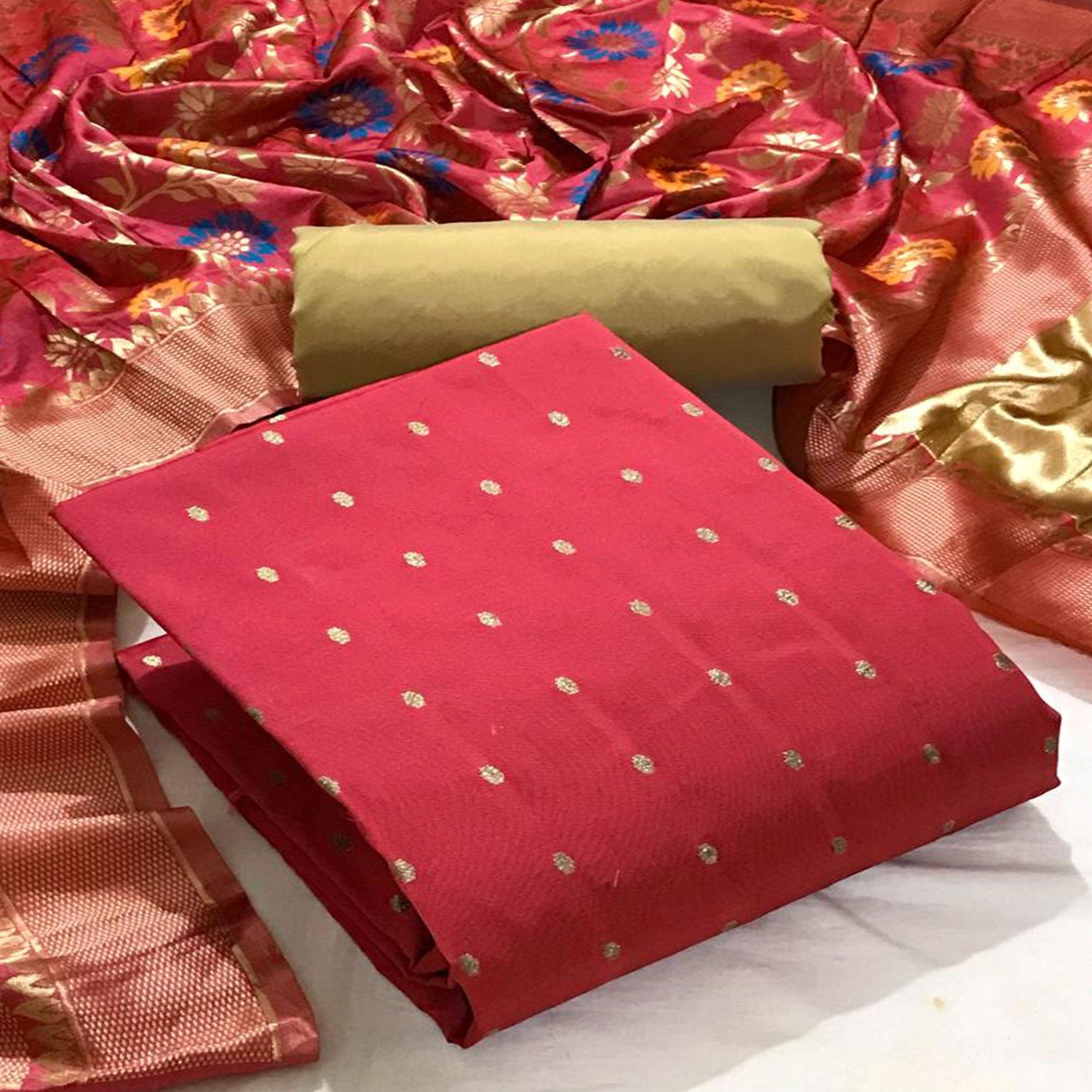 Peach Casual Wear Woven Banarasi Silk Dress Material - Peachmode