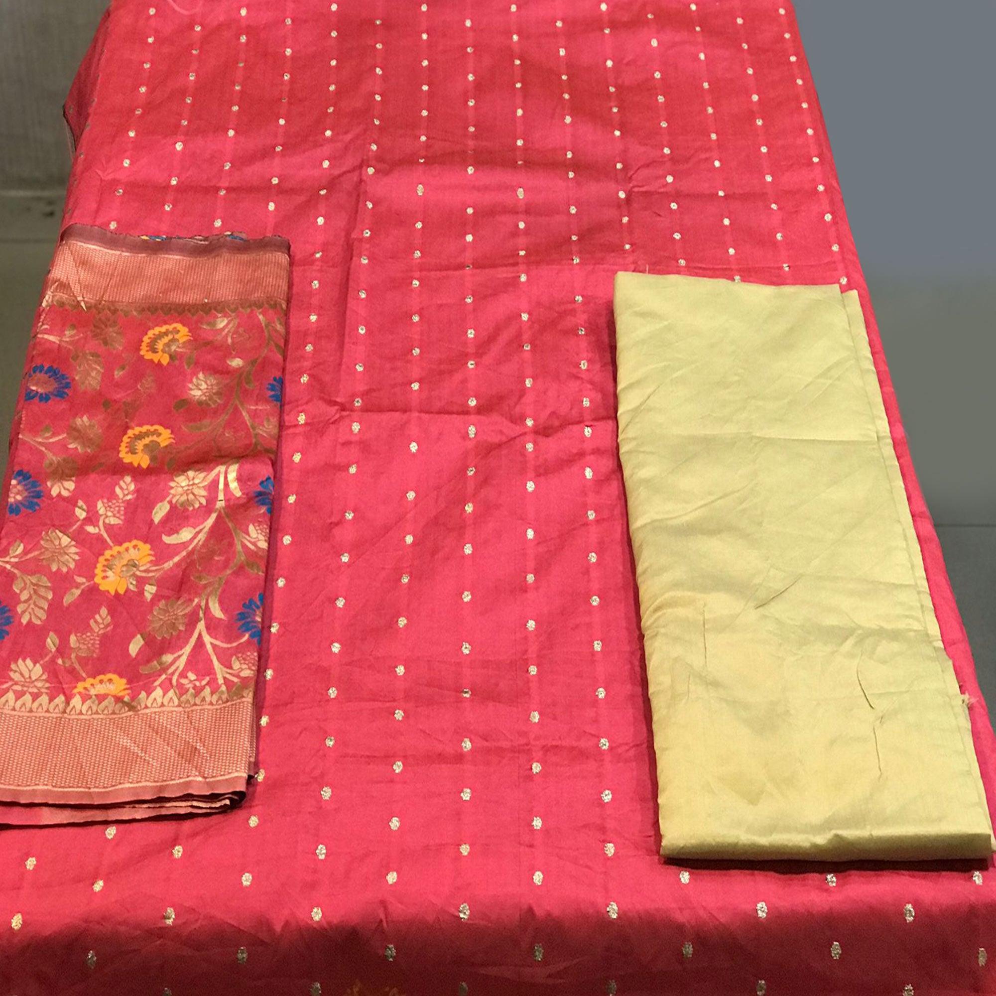 Peach Casual Wear Woven Banarasi Silk Dress Material - Peachmode