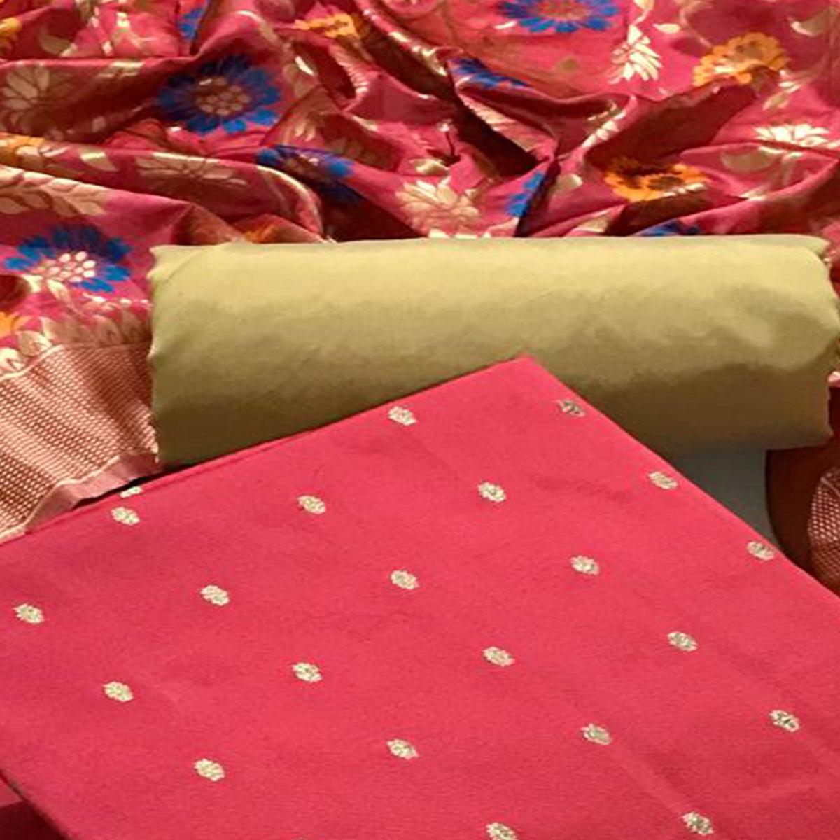 Peach Casual Wear Woven Banarasi Silk Dress Material - Peachmode