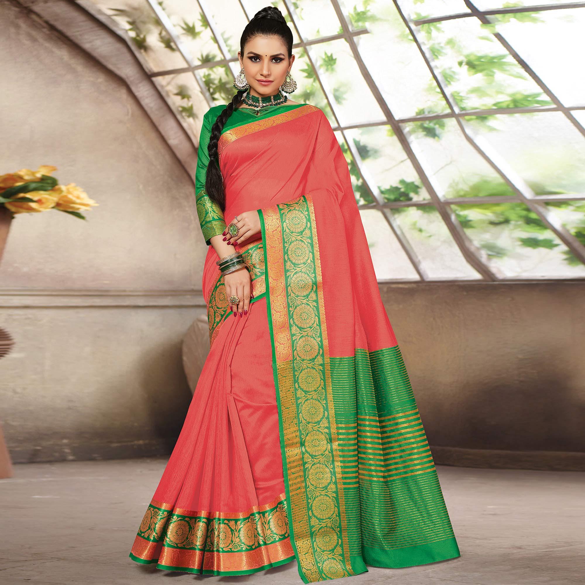 Peach Casual Wear Woven Cotton Handloom Saree - Peachmode