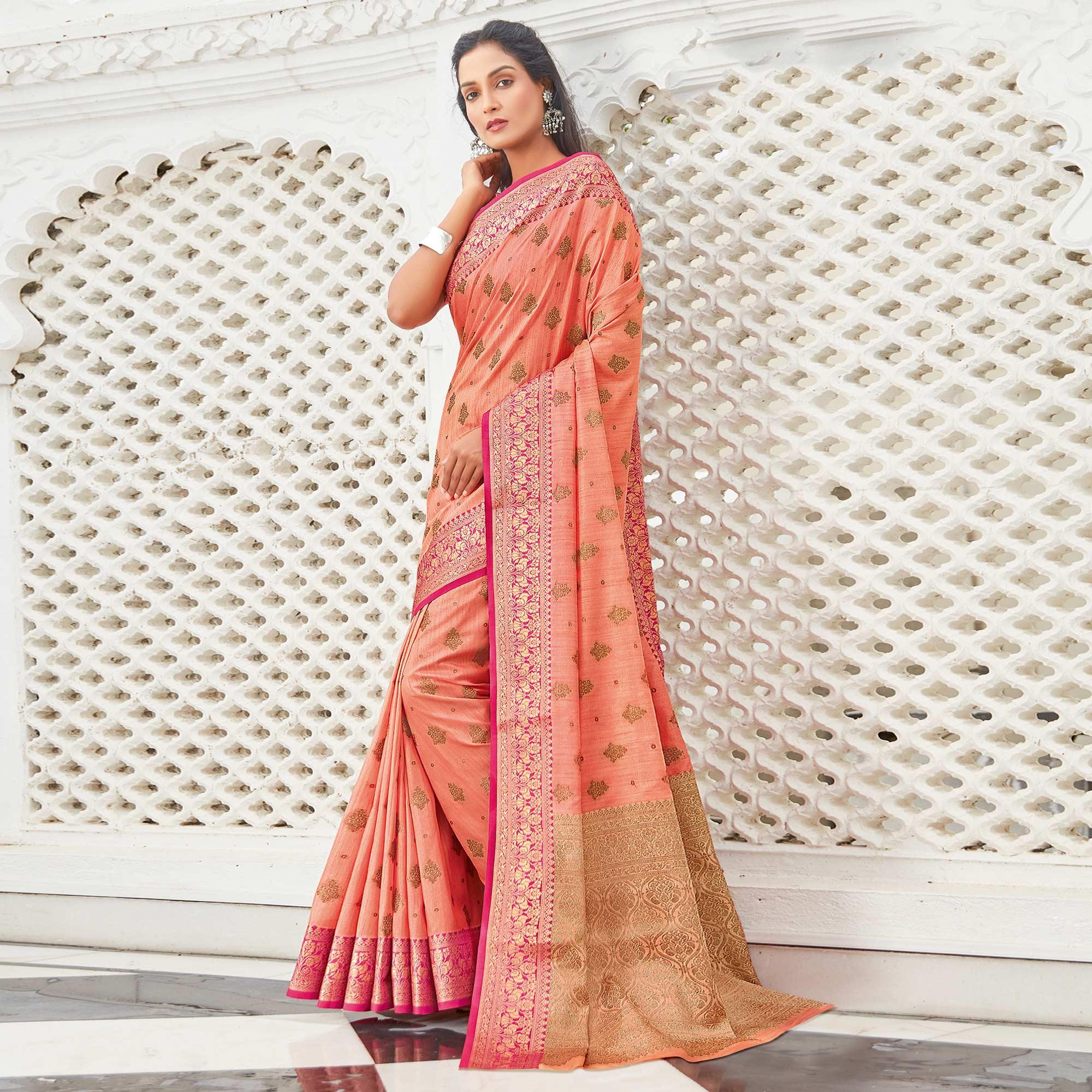Peach Casual Wear Woven Cotton Handloom Saree - Peachmode