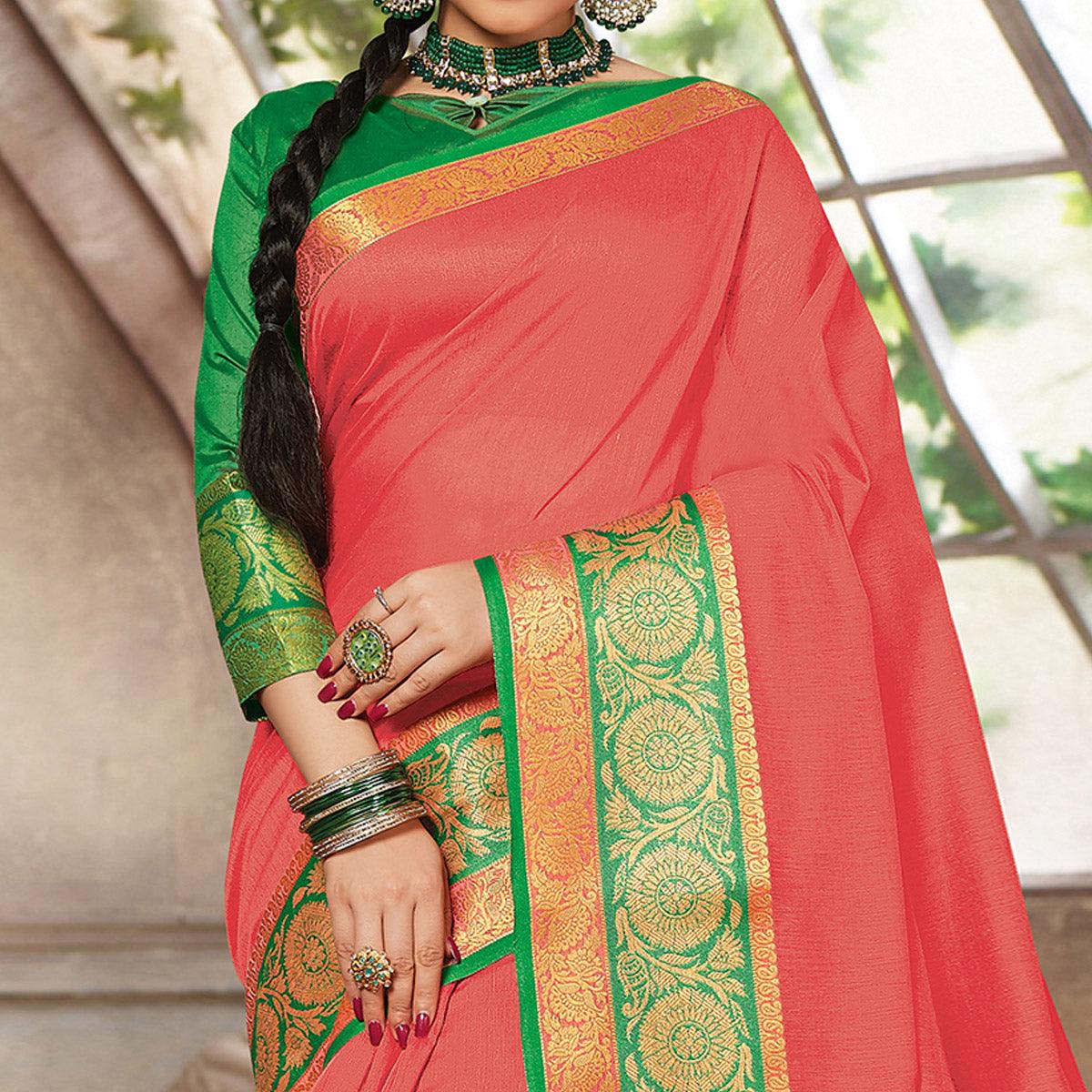 Peach Casual Wear Woven Cotton Handloom Saree - Peachmode